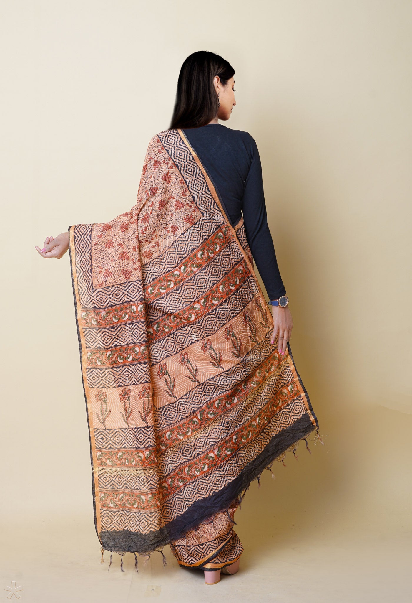 Brown Pure Discharge Bagru Printed Pashmina Chanderi Sico Saree-UNM76196