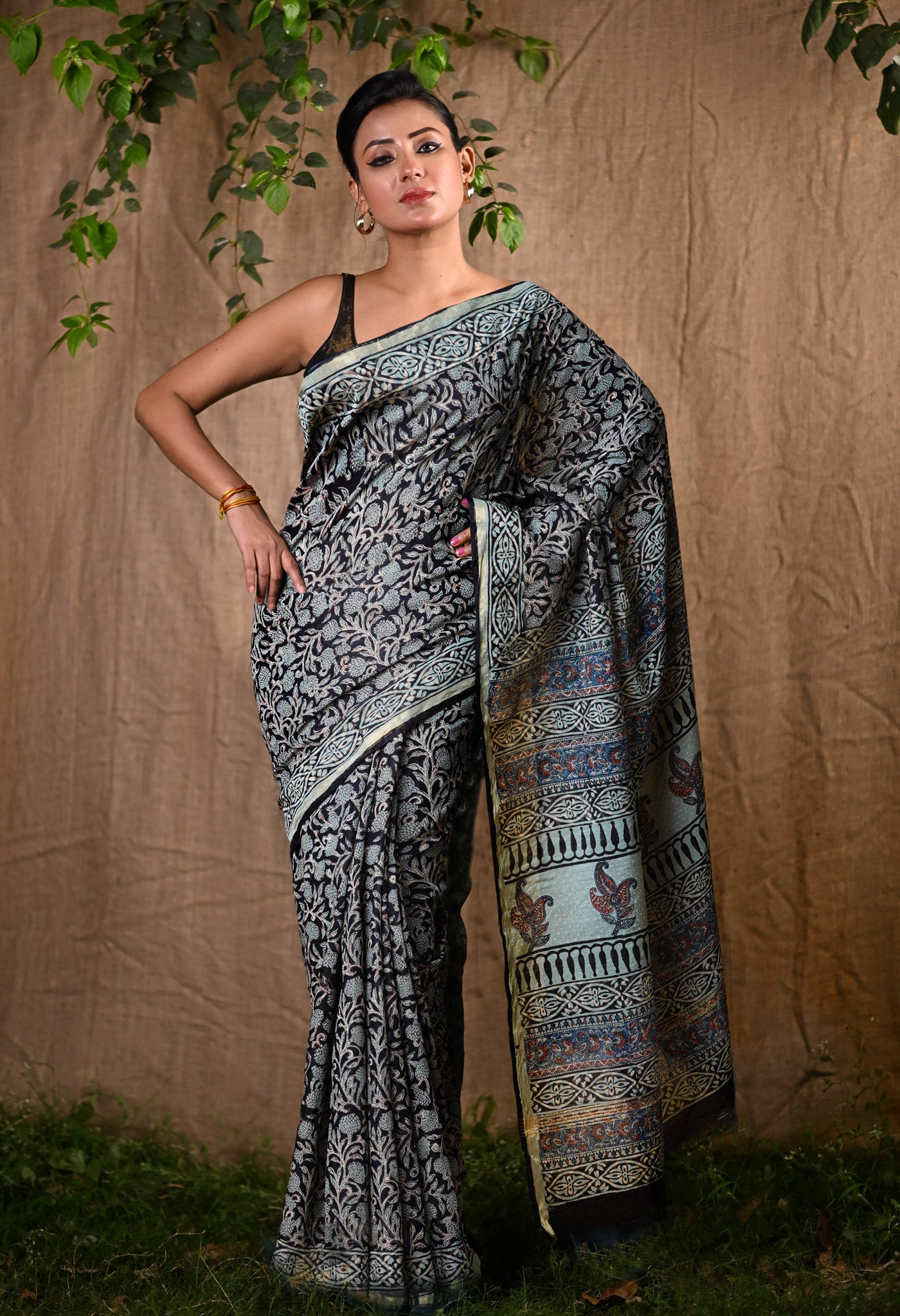 Black Pure Discharge Bagru Printed Pashmina Chanderi Sico Saree-UNM76234