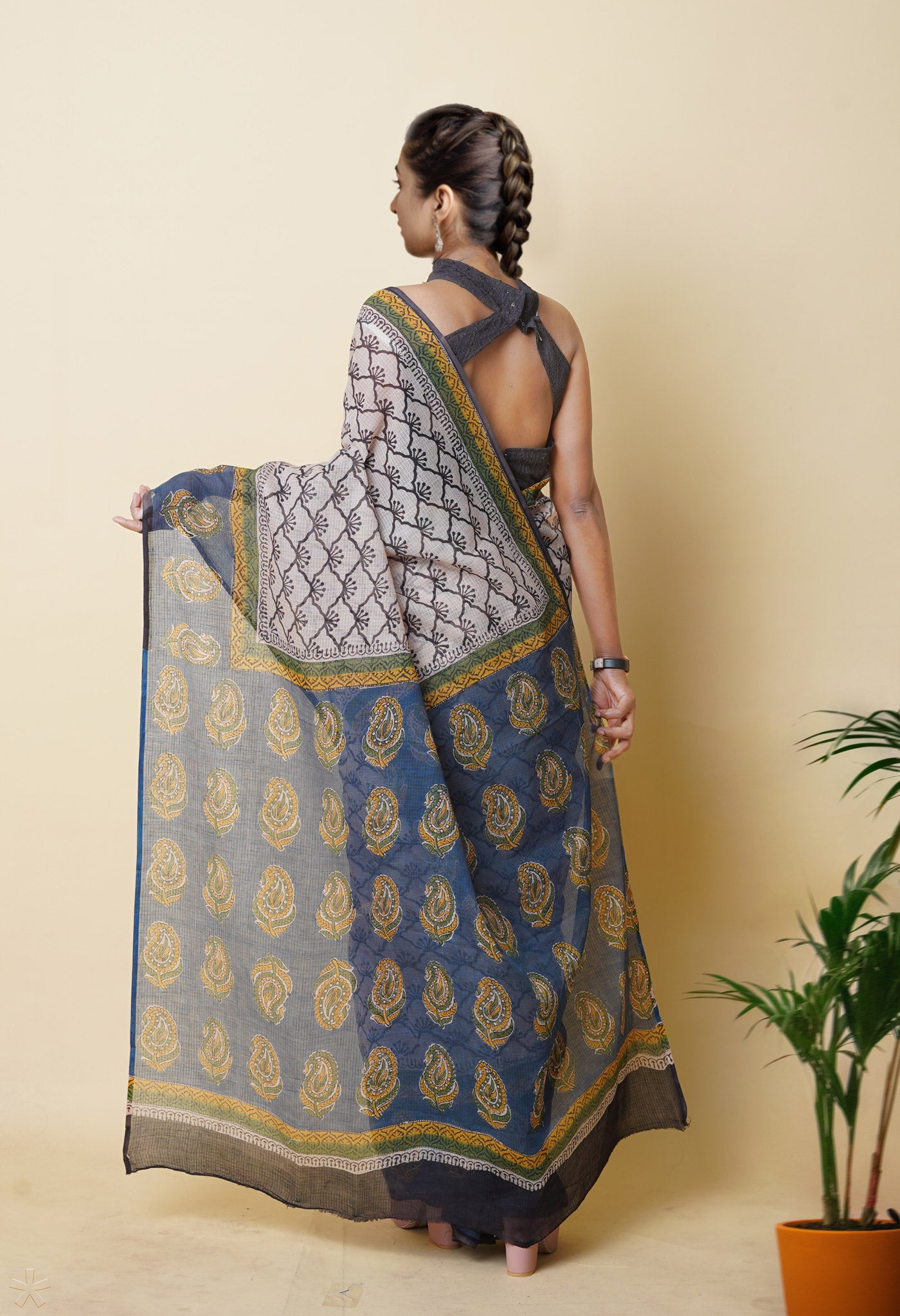 Cream Pure Traditional Bagru Printed Kota Saree