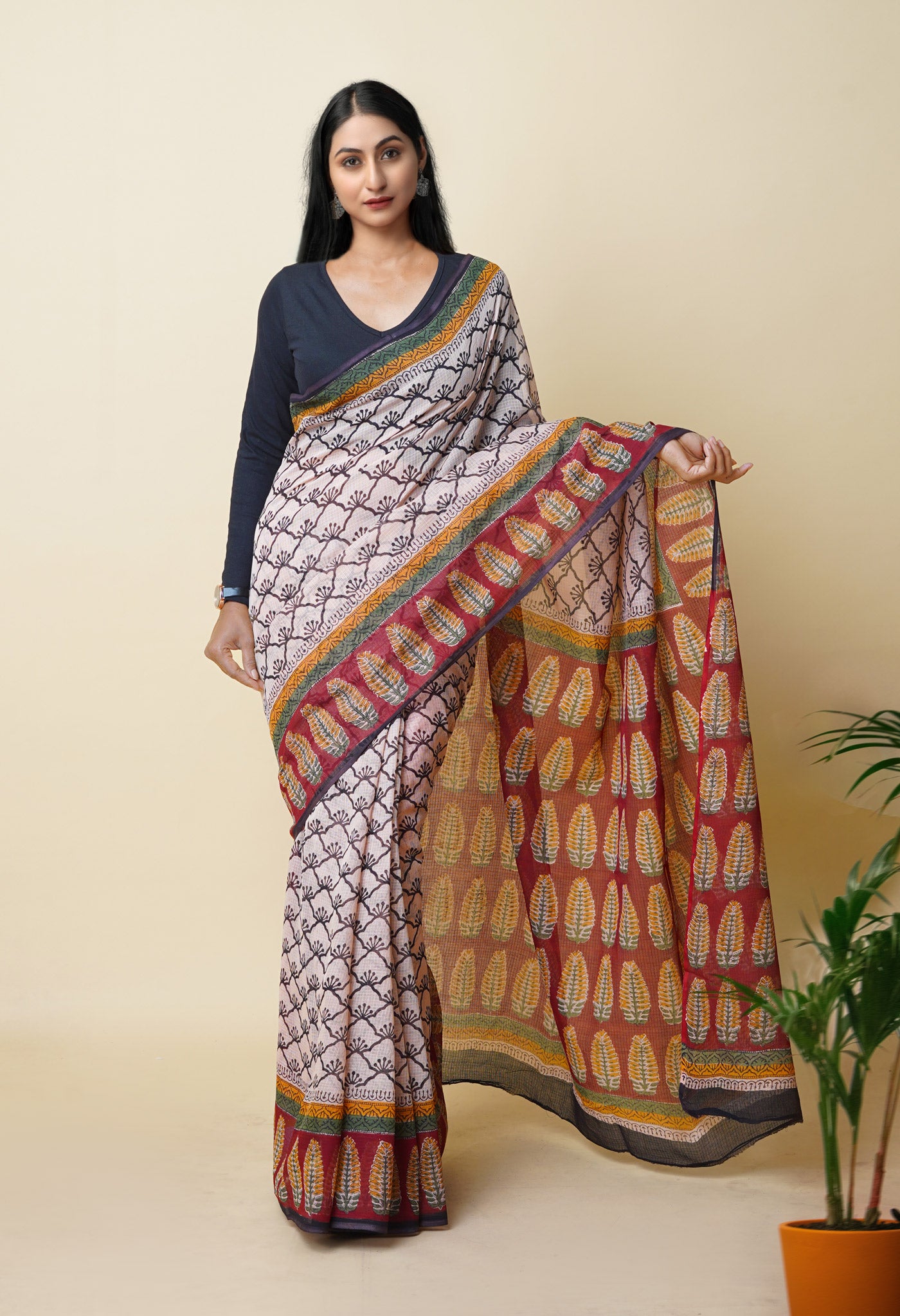 Cream Pure Traditional Bagru Printed Kota Saree