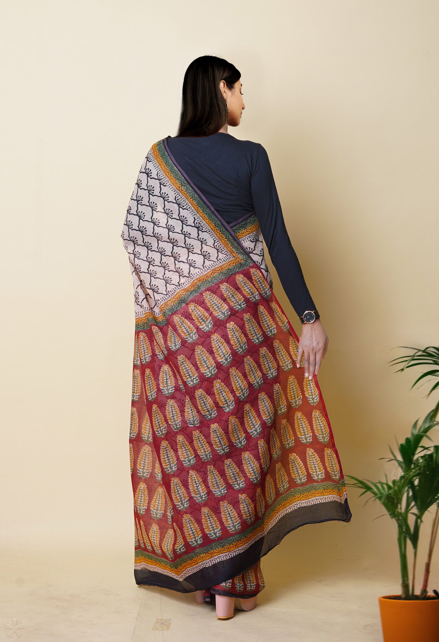 Cream Pure Traditional Bagru Printed Kota Saree