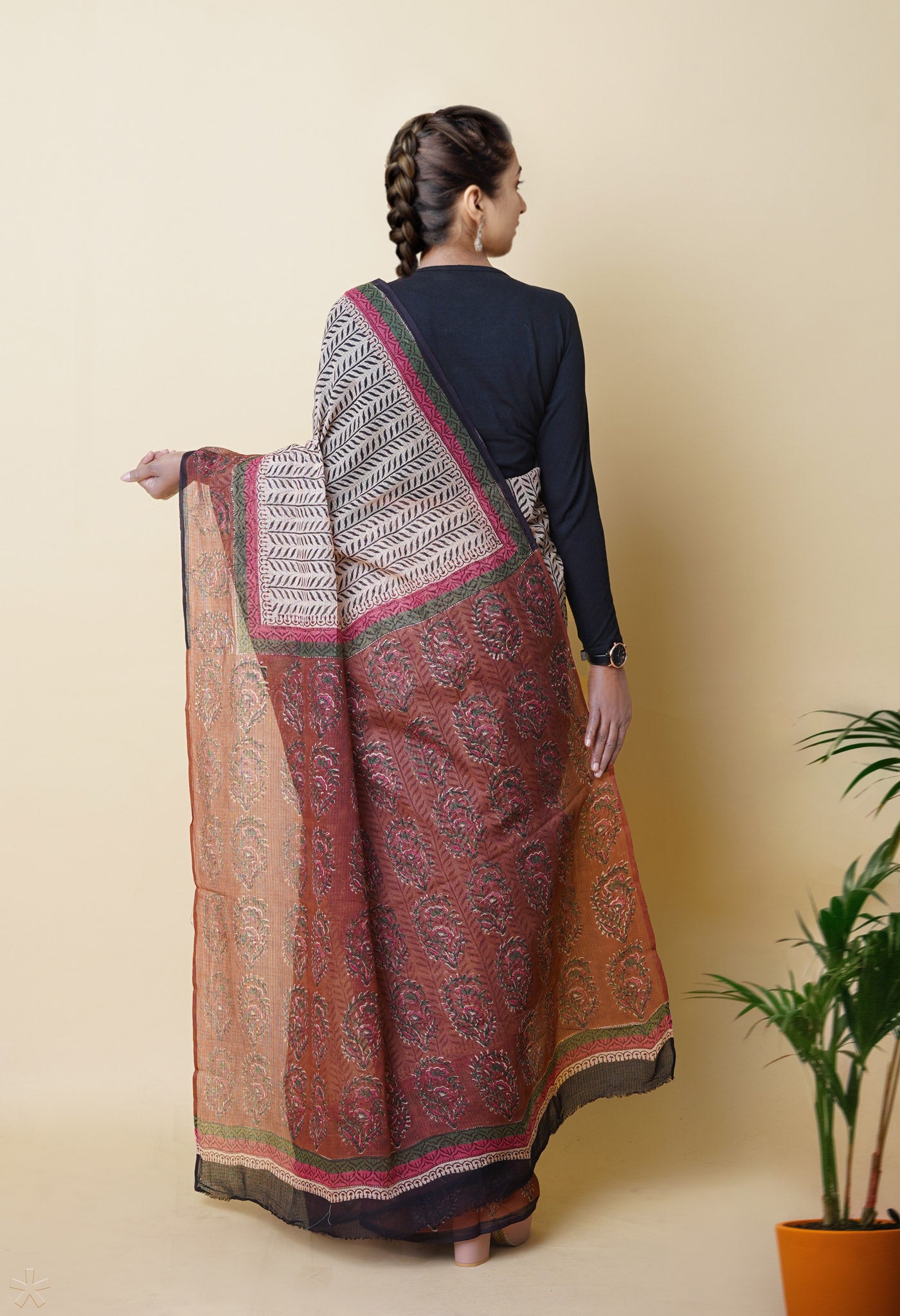 Cream Pure Traditional Bagru Printed Kota Saree