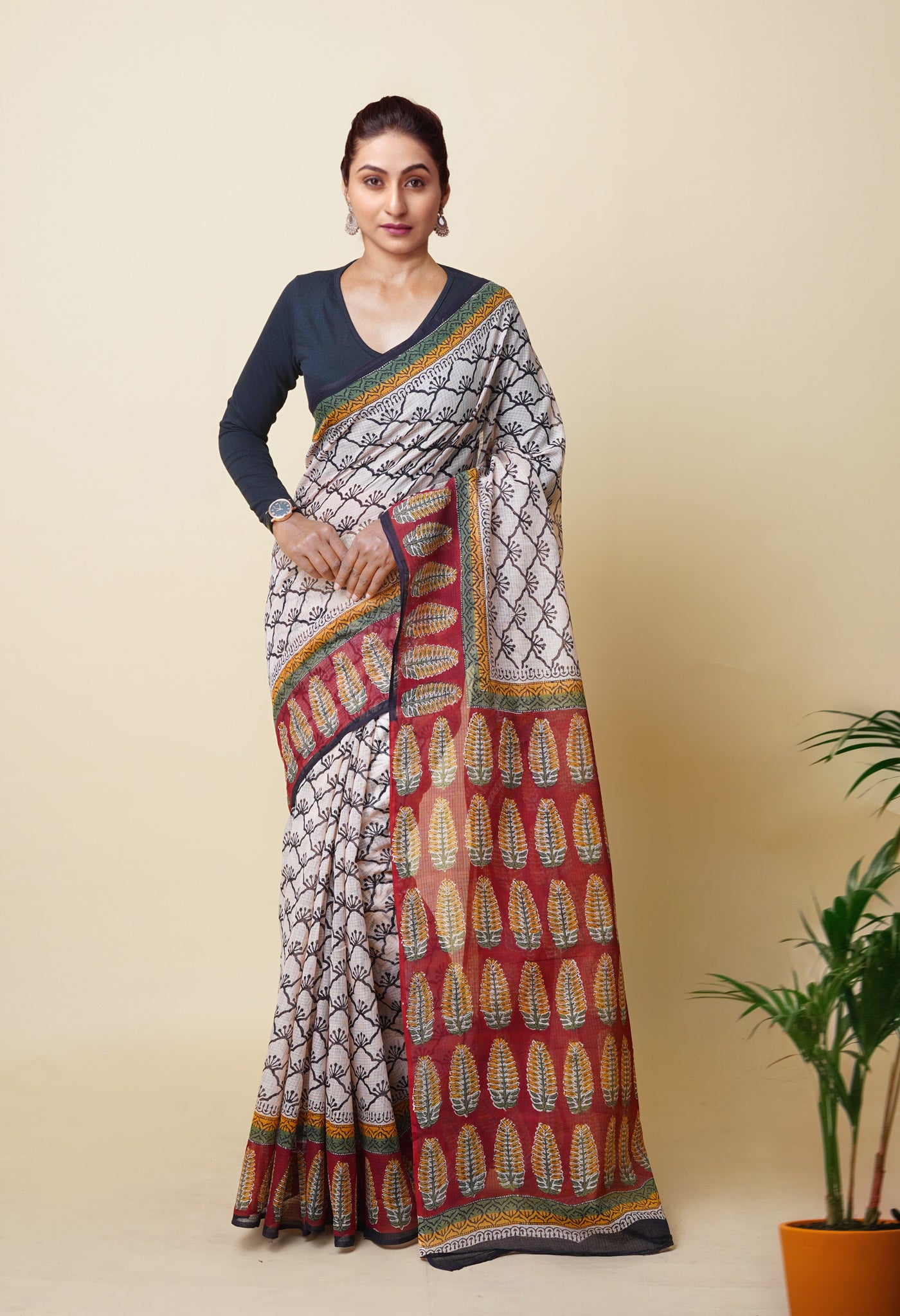 Cream Pure Traditional Bagru Printed Kota Saree