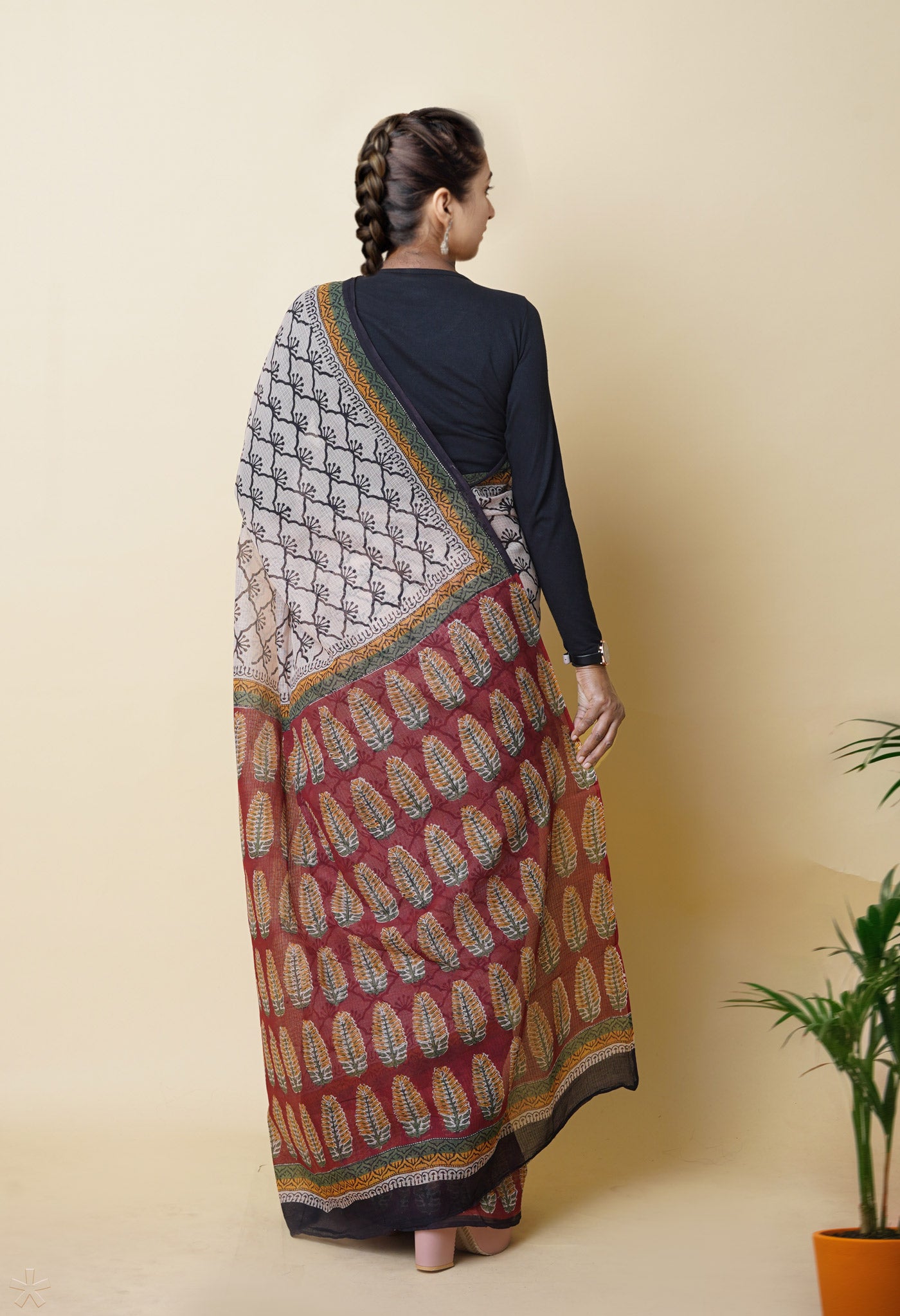 Cream Pure Traditional Bagru Printed Kota Saree