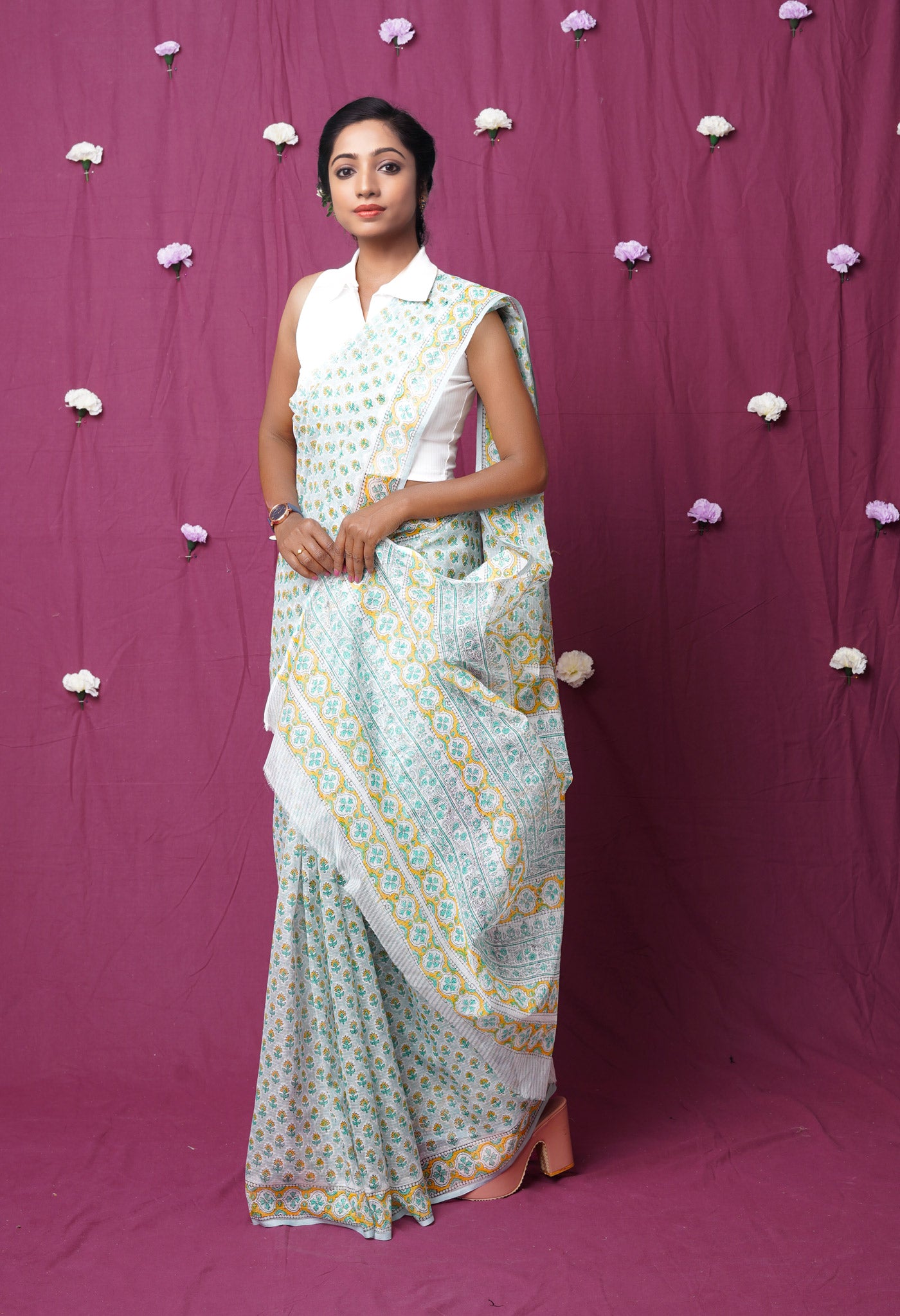 Grey Pure Hand Block Printed Kota Saree-UNM76416