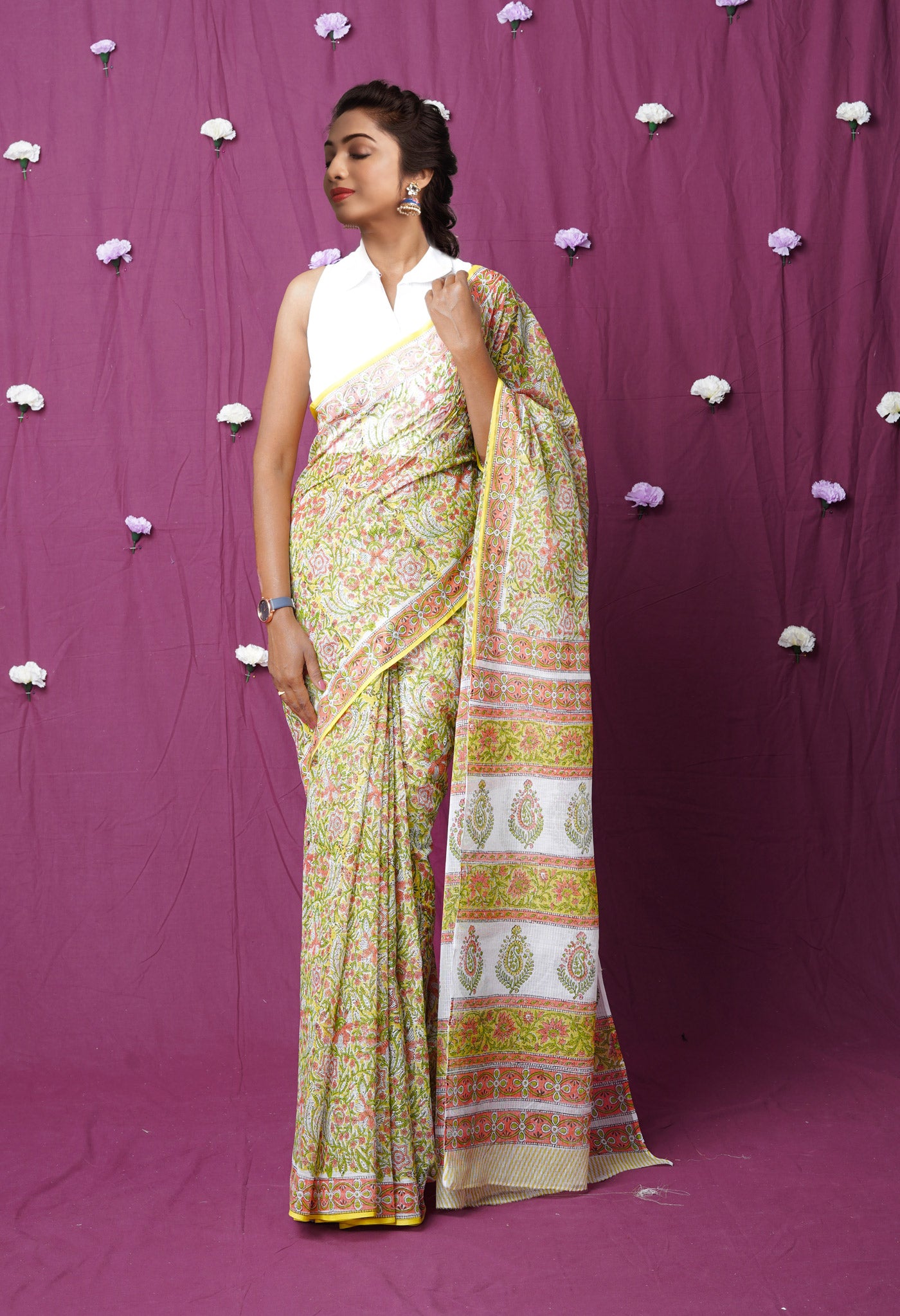 Yellow Pure Hand Block Printed Kota Saree-UNM76418