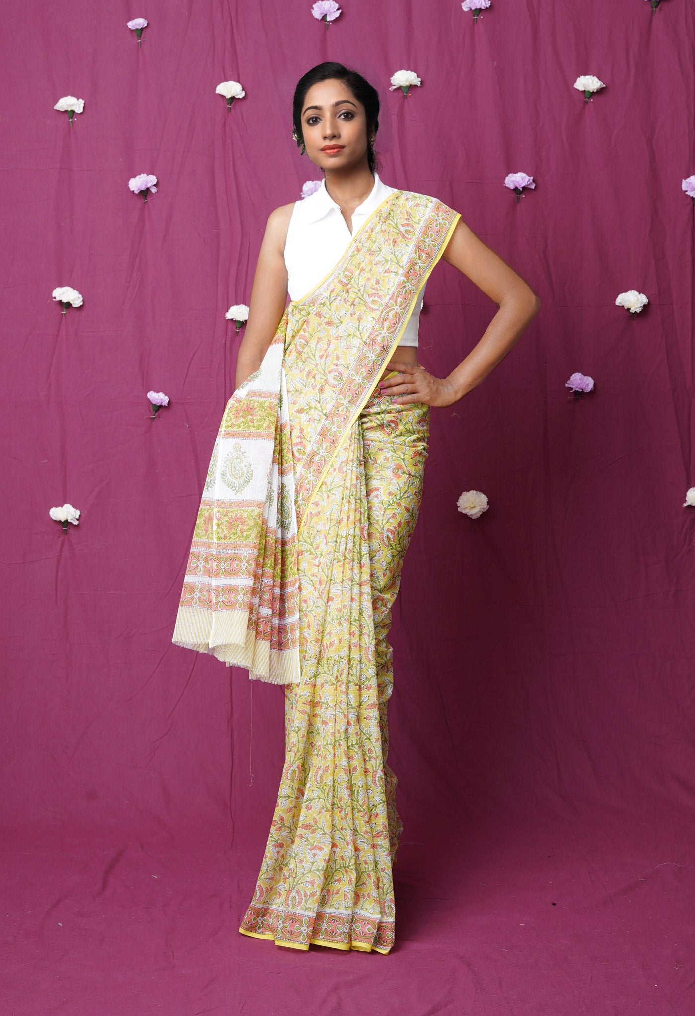 Yellow Pure Hand Block Printed Kota Saree