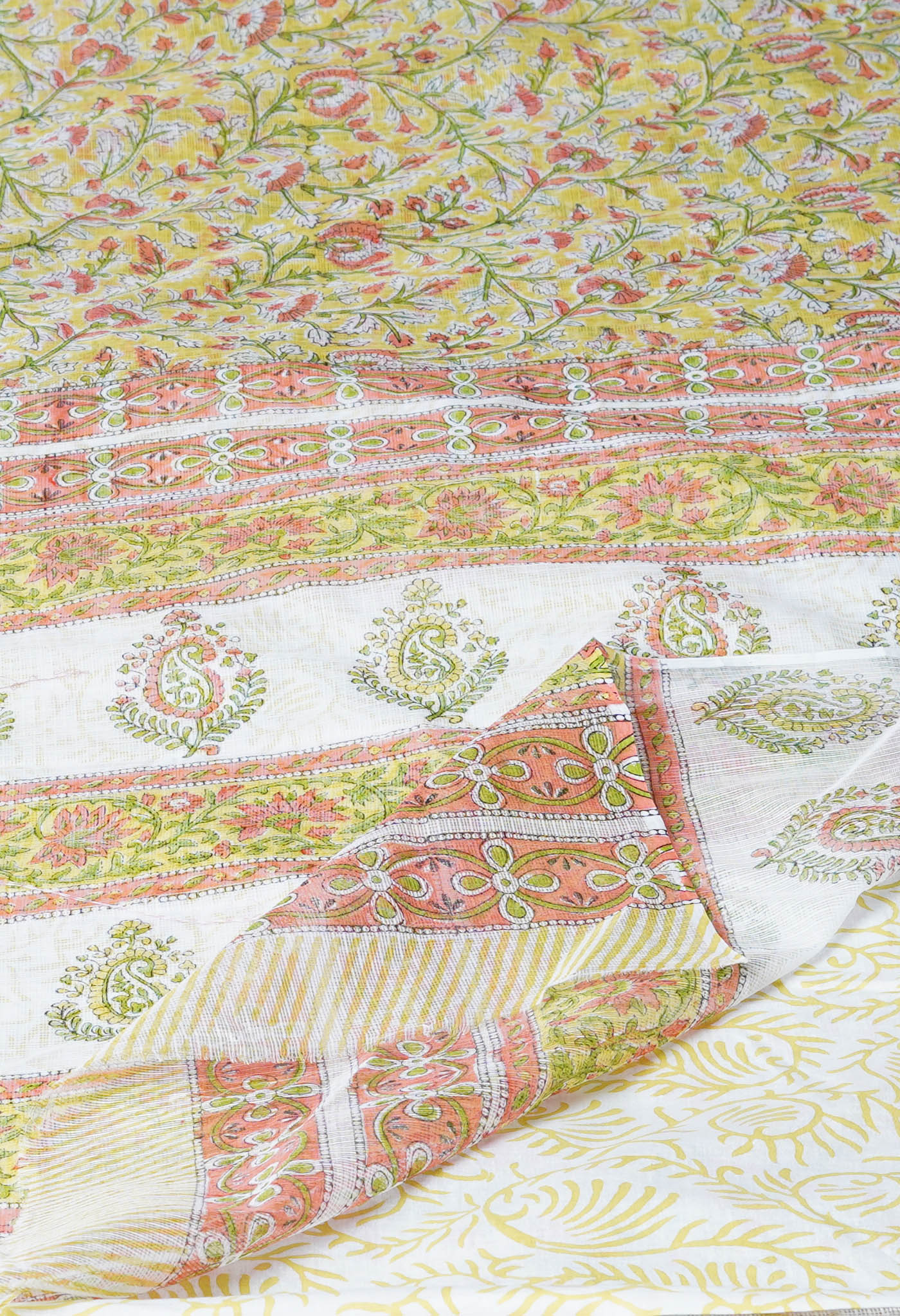 Yellow Pure Hand Block Printed Kota Saree