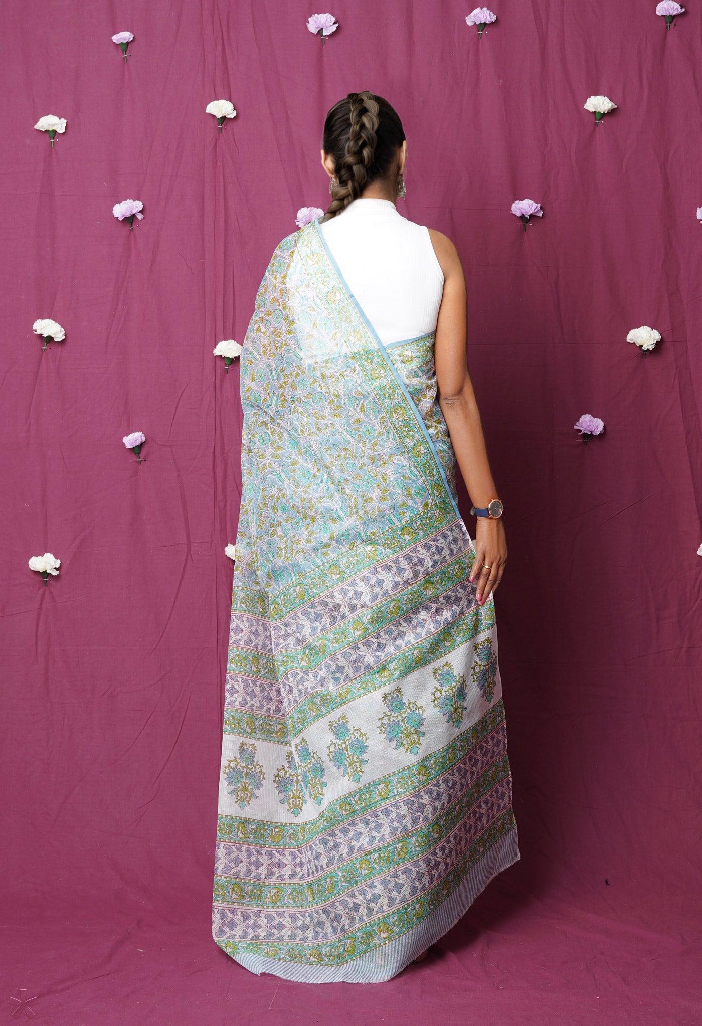 Blue Pure Hand Block Printed Kota Saree-UNM76433