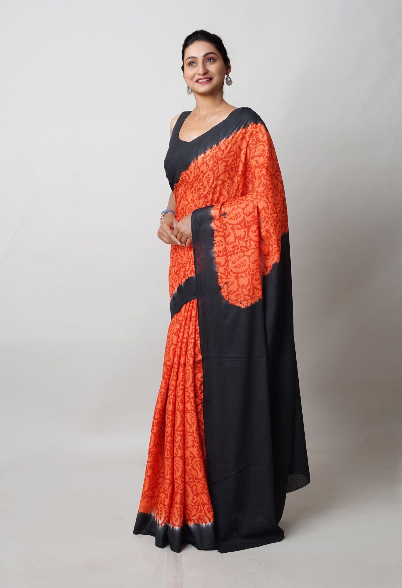 Orange Pure  Hand Block Printed Soft Cotton Saree