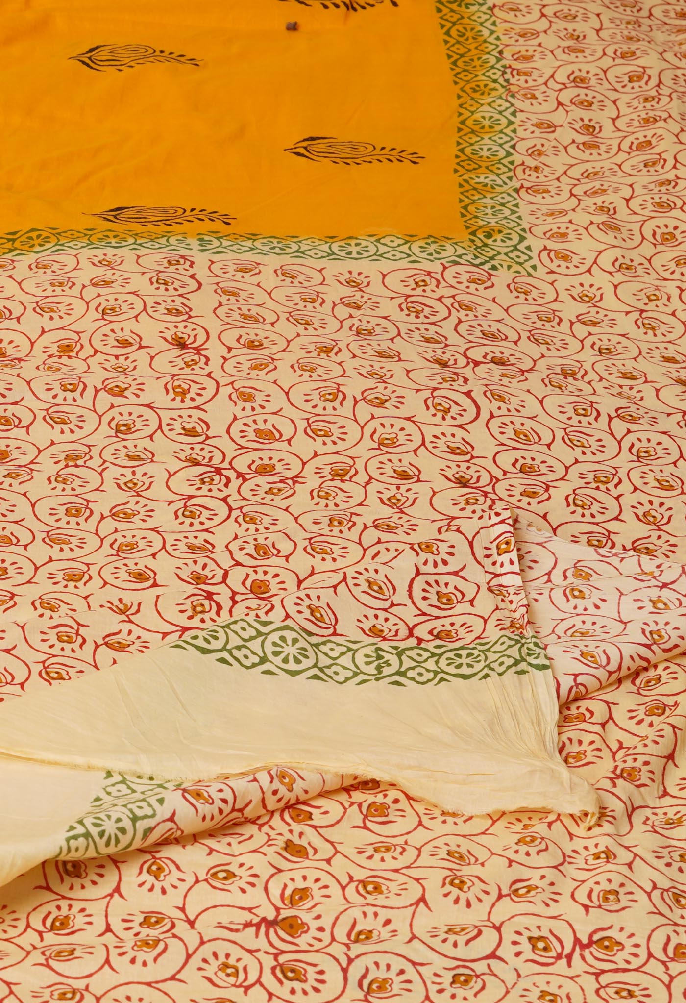 Yellow Pure  Hand Block Printed Soft Cotton Saree