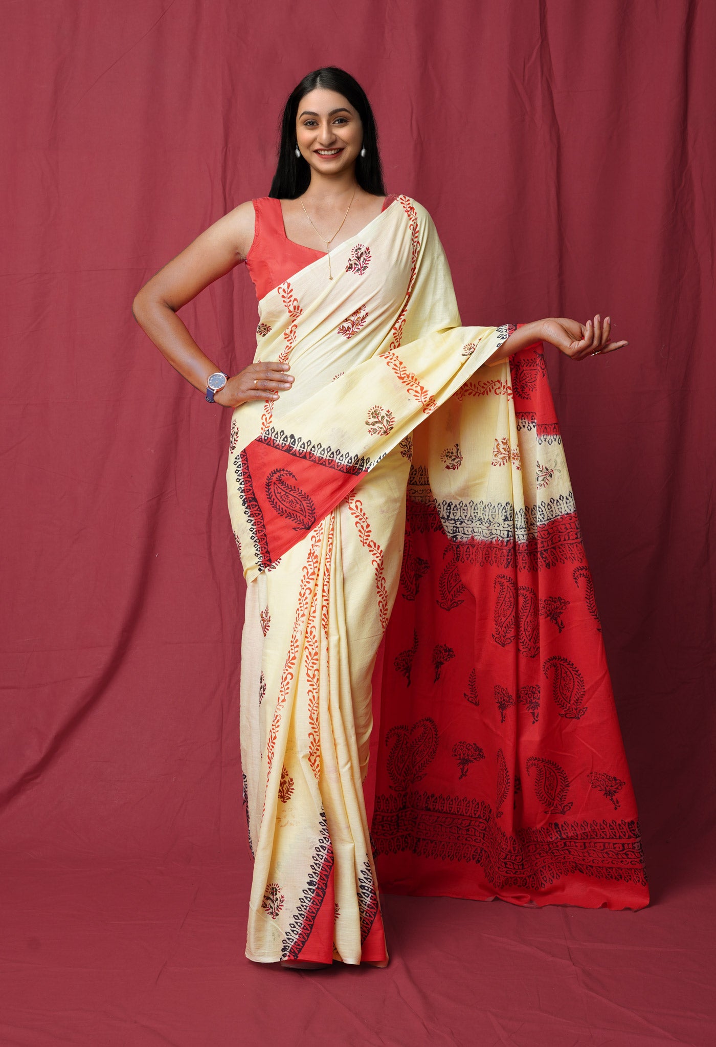 Yellow Pure  Hand Block Printed Soft Cotton Saree