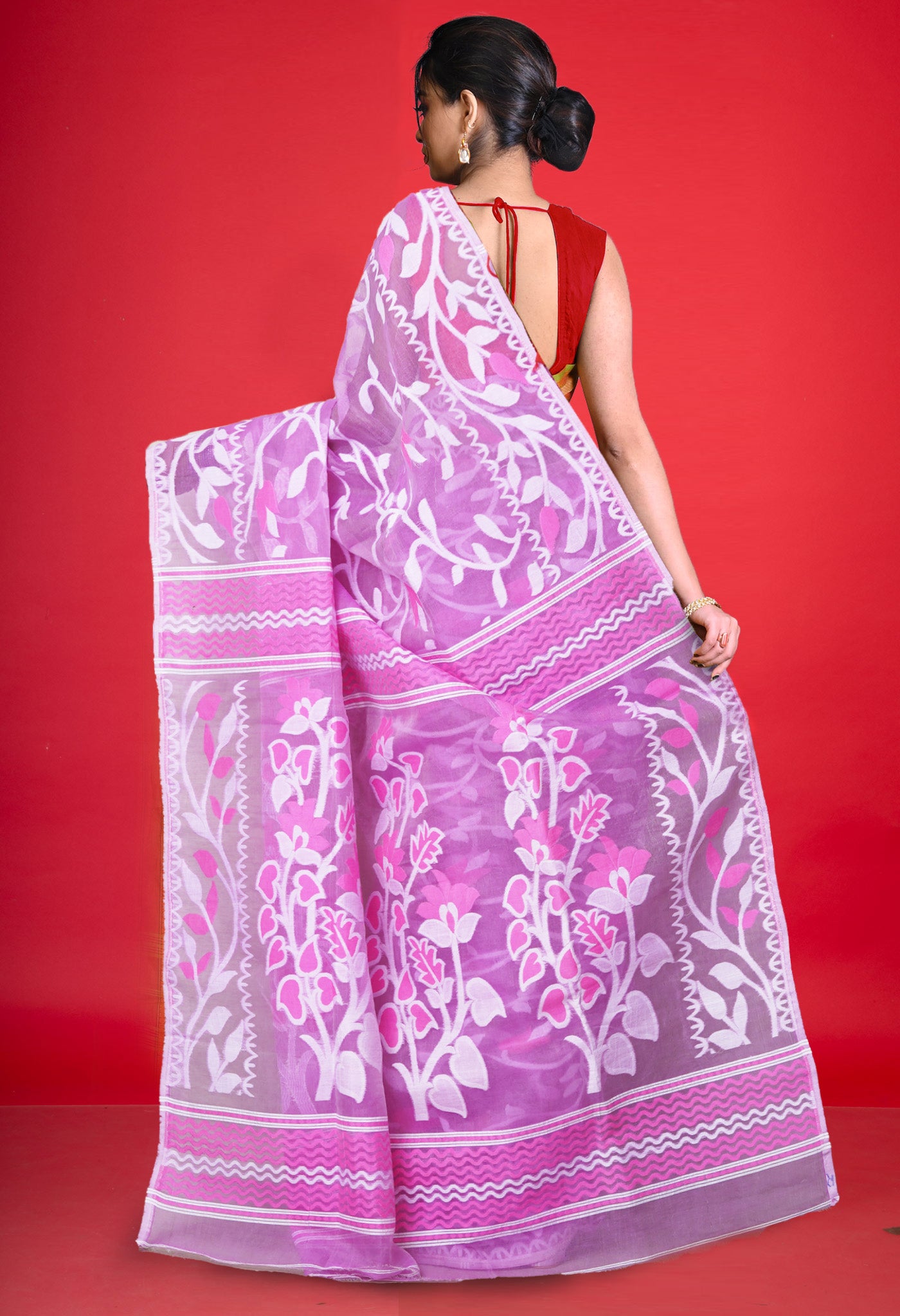 Pink  Pure Handloom Dhakai Jamdhani Cotton Saree-UNM76599