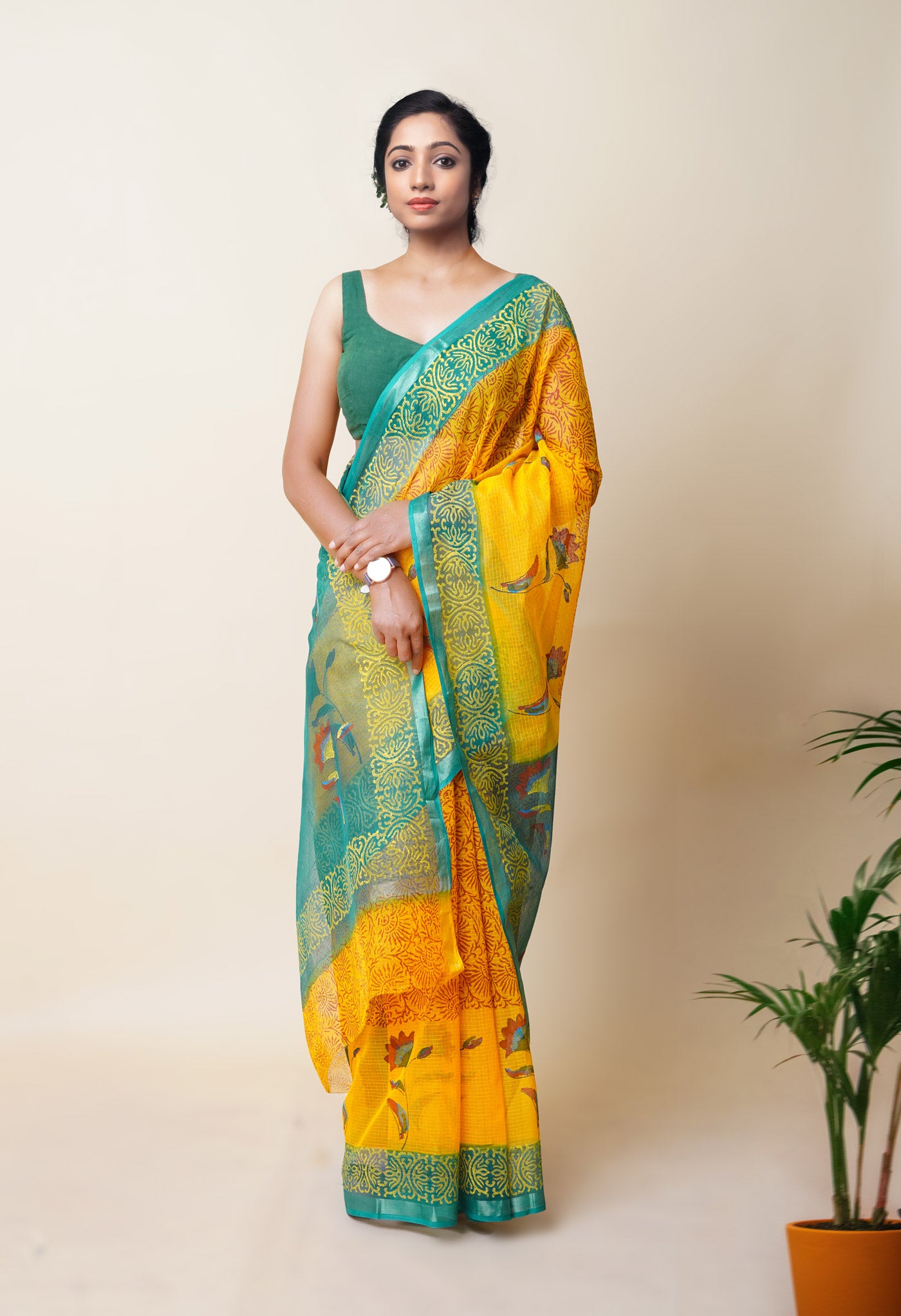 Yellow Pure  Hand Block Printed Kota Saree