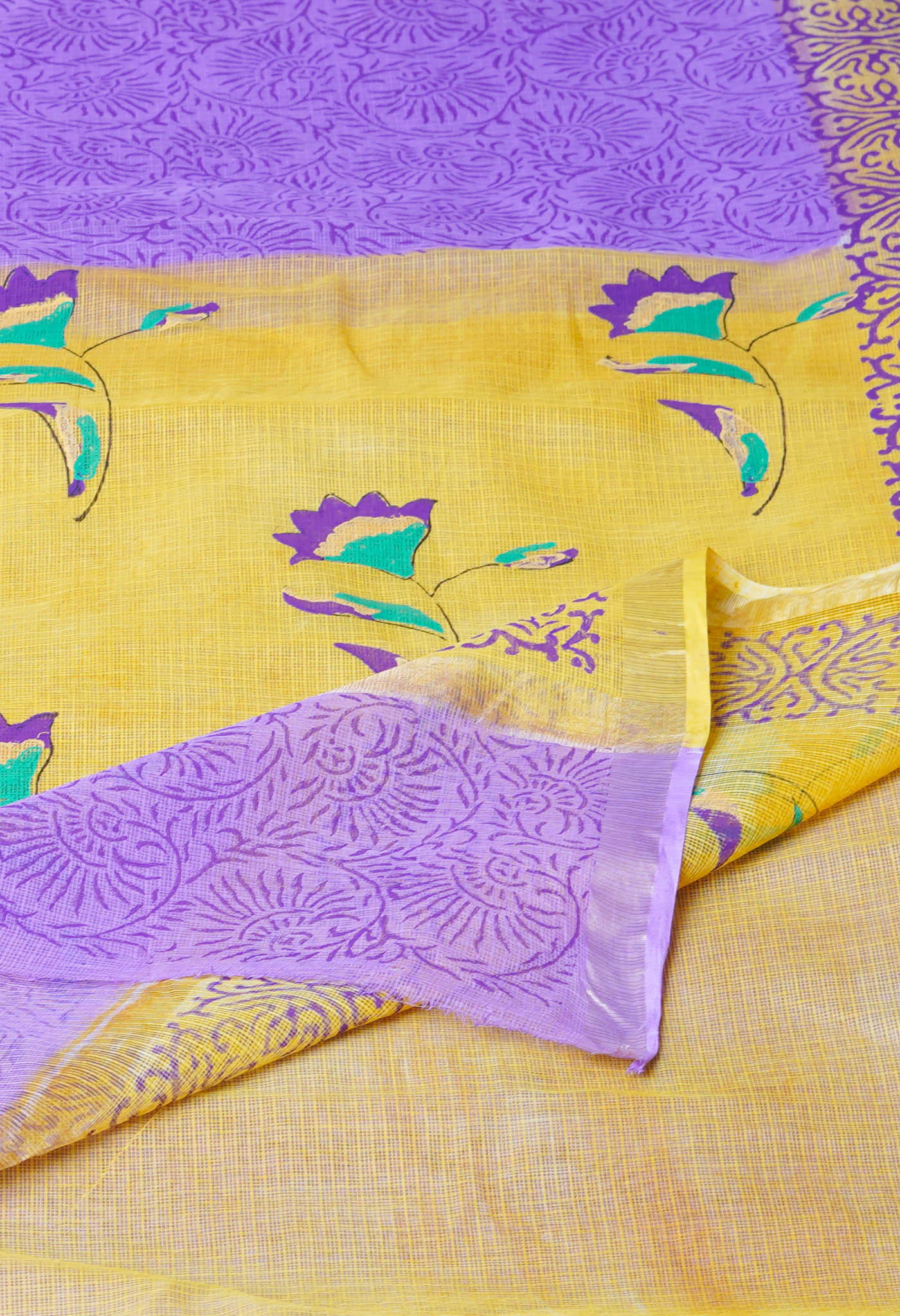 Purple Pure  Hand Block Printed Kota Saree