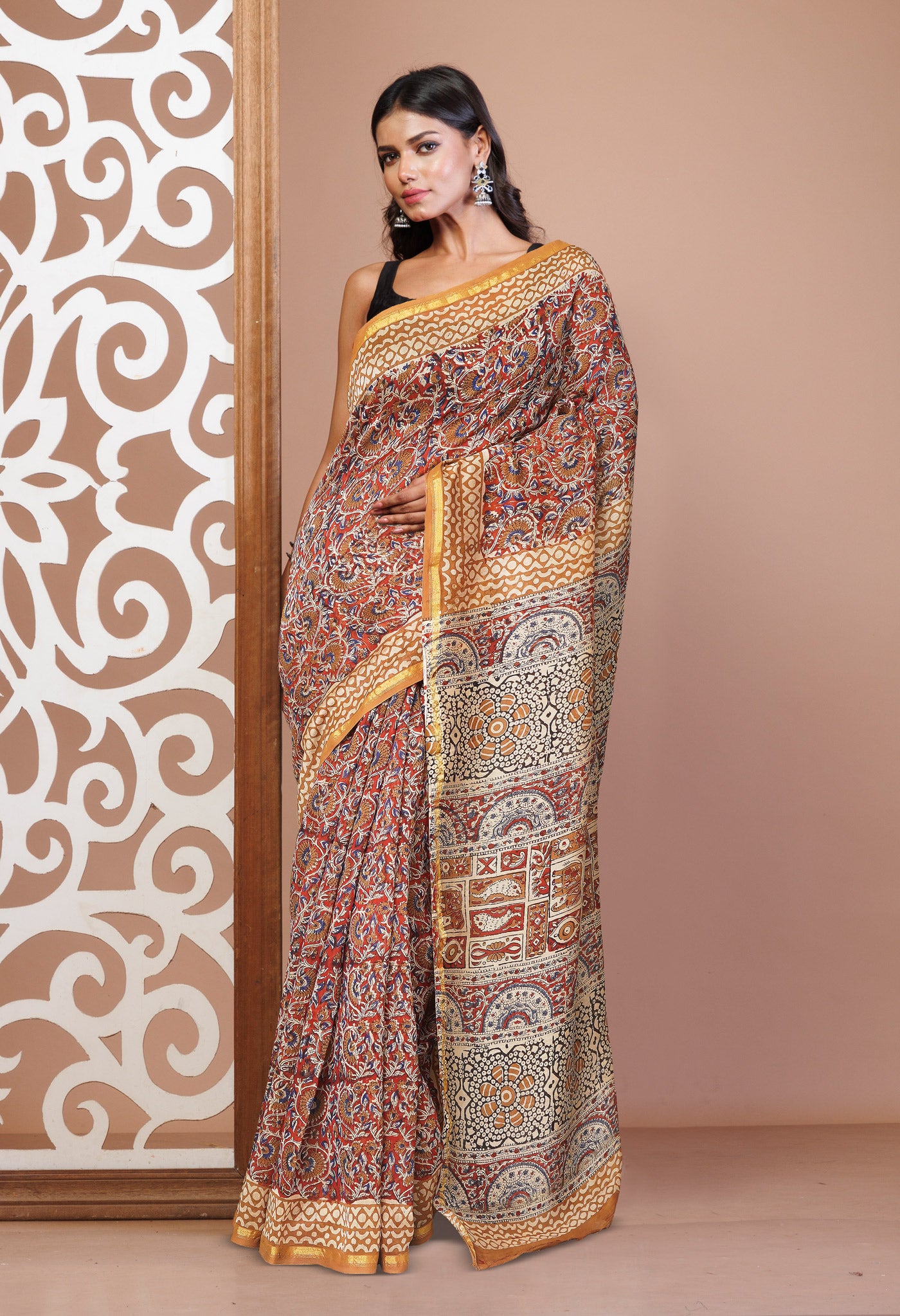 Red Pure Bagru Printed Chanderi Sico Saree-UNM76664