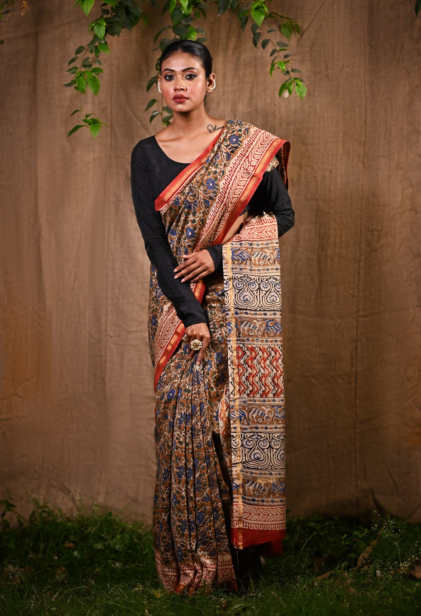 Brown Pure Bagru Printed Chanderi Sico Saree-UNM76668