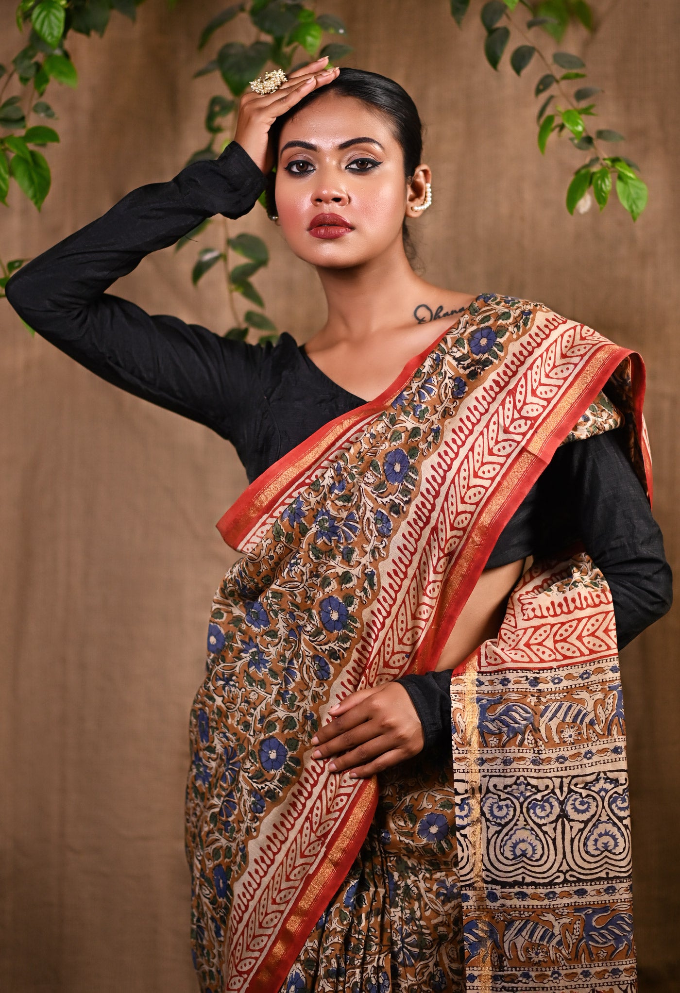 Brown Pure Bagru Printed Chanderi Sico Saree-UNM76668