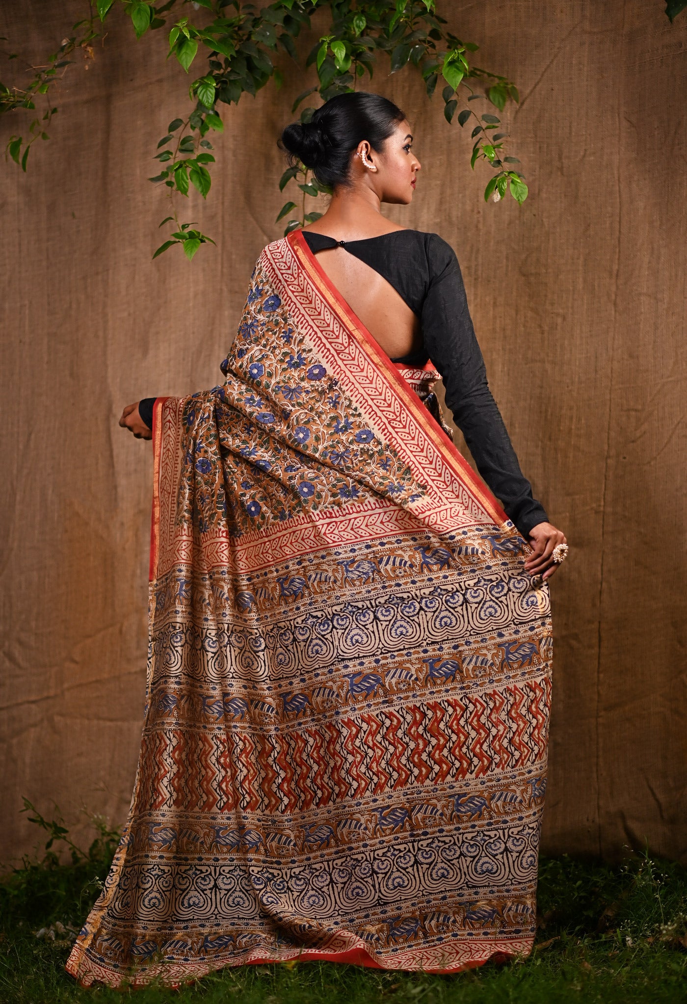 Brown Pure Bagru Printed Chanderi Sico Saree-UNM76668