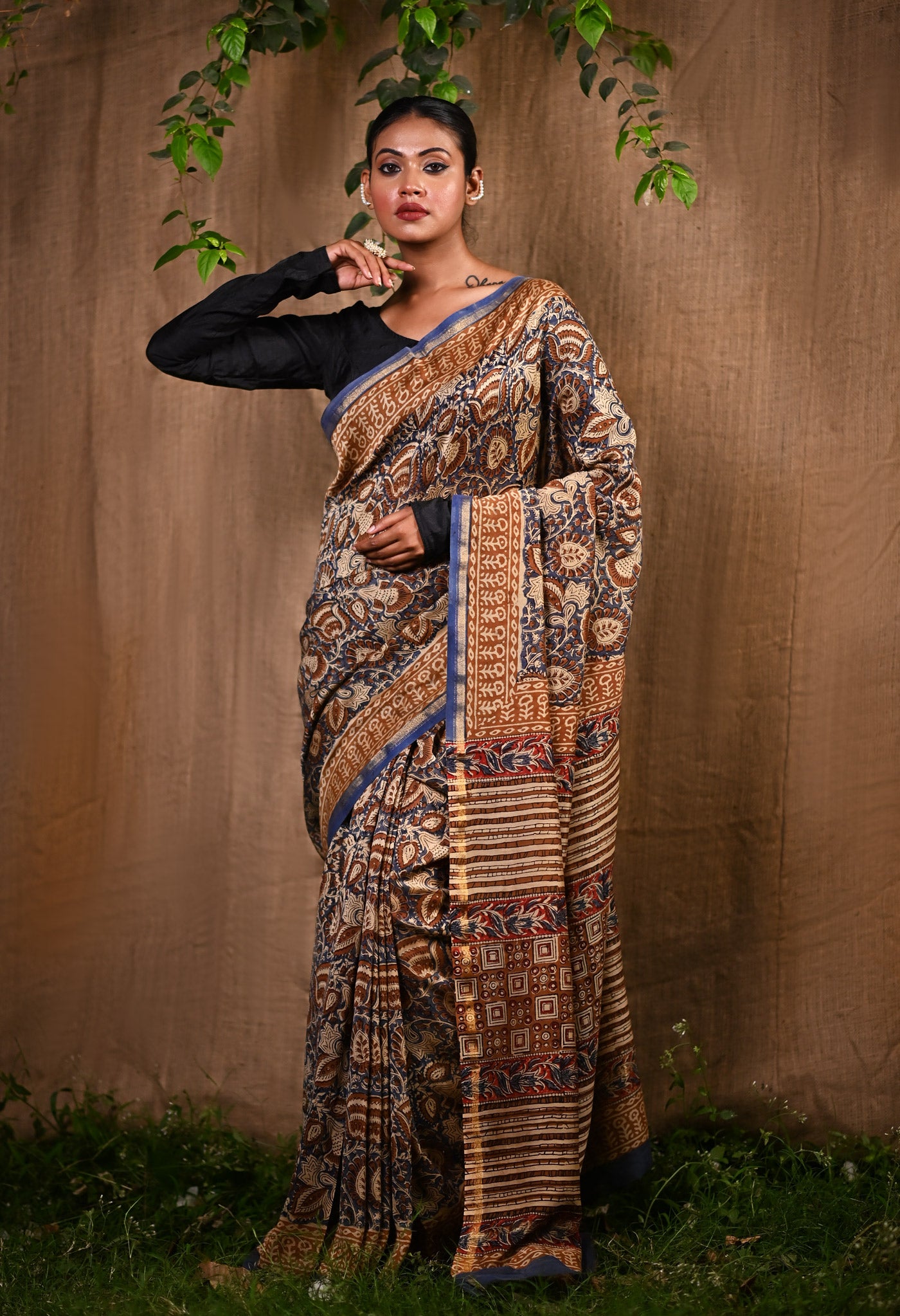 Blue Pure Bagru Printed Chanderi Sico Saree-UNM76670