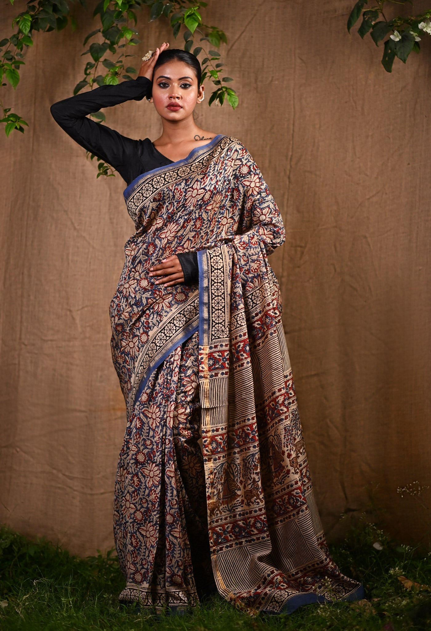 Blue Pure Bagru Printed Chanderi Sico Saree-UNM76676