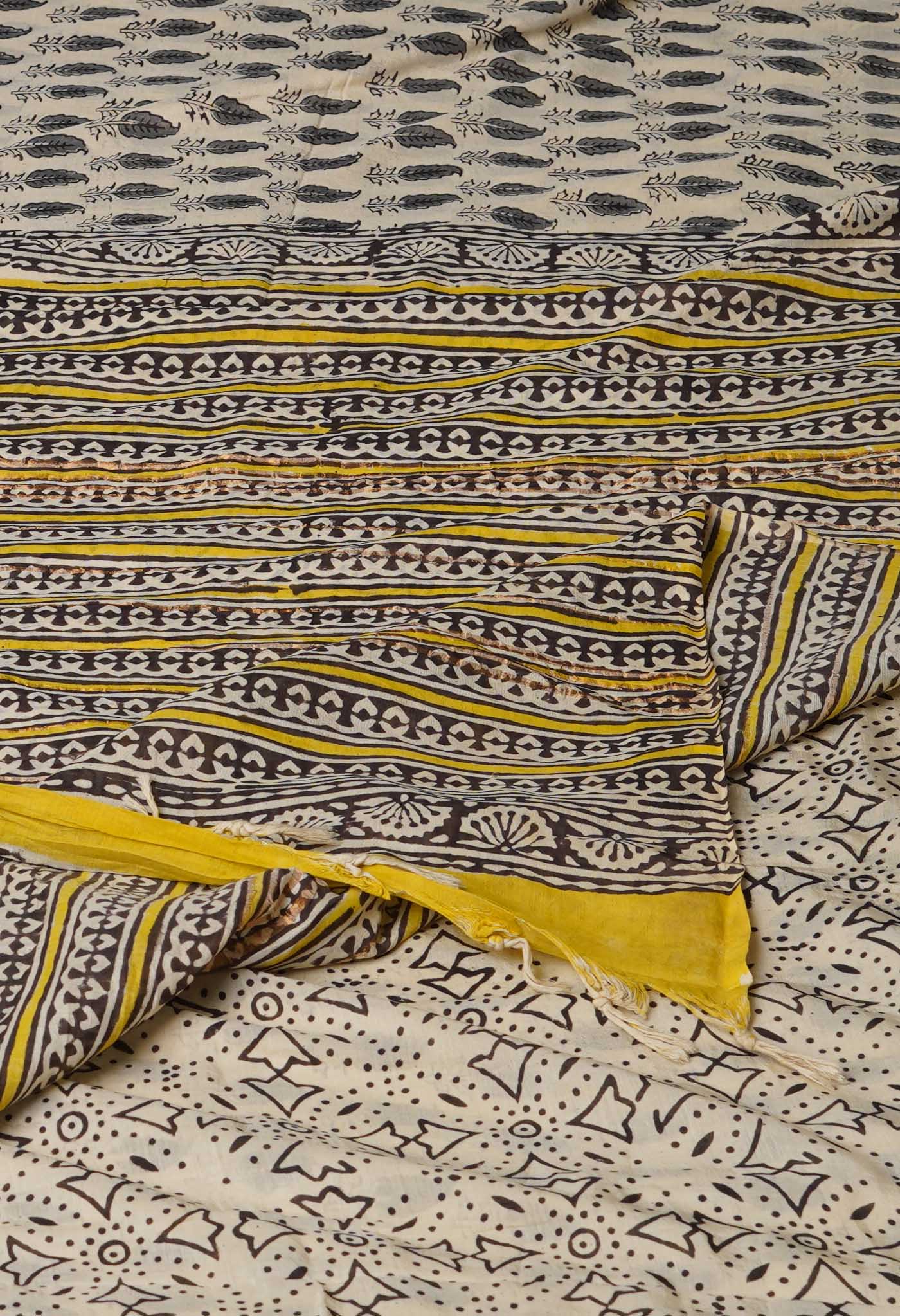 Cream Pure Bagru Printed Soft Silk Saree