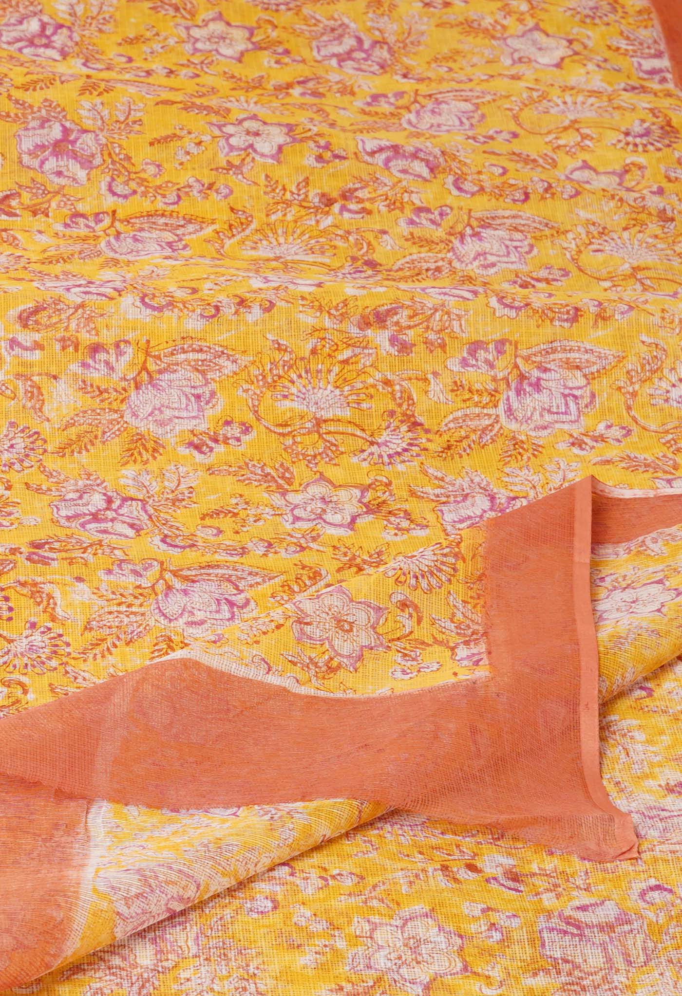 Yellow Pure Hand Block Printed Kota Saree