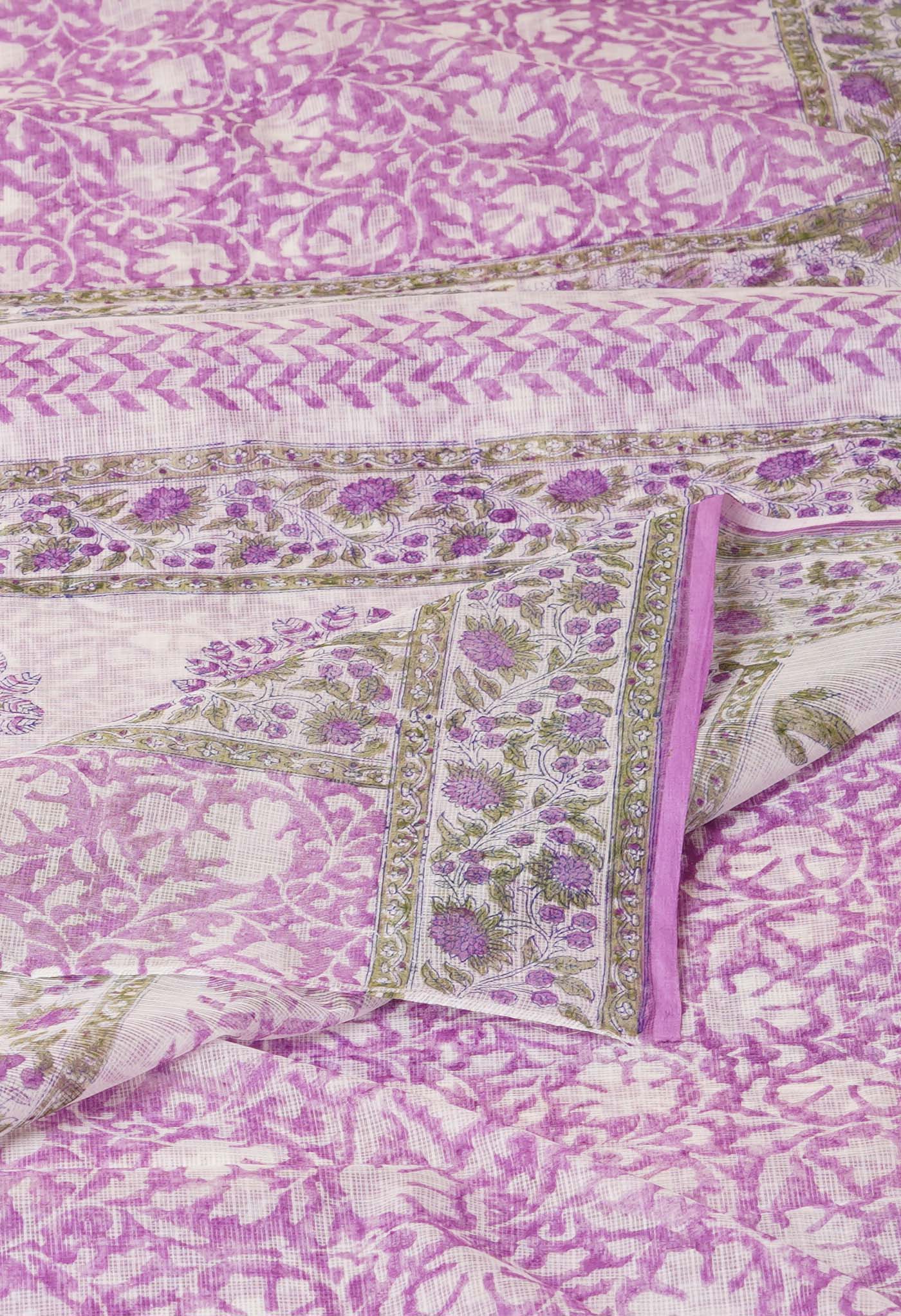 Purple Pure Hand Block Printed Kota Saree