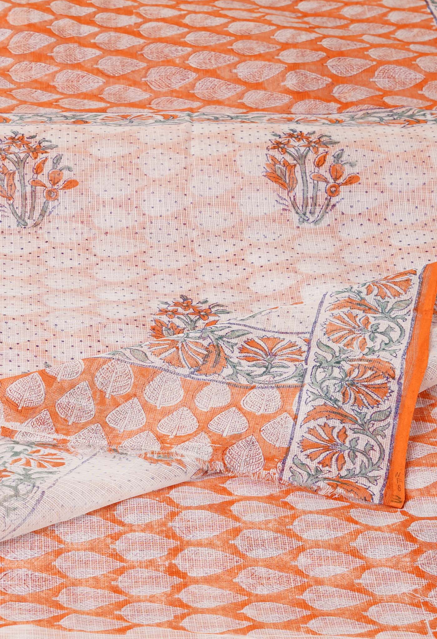 Orange Pure Hand Block Printed Kota Saree-UNM76818