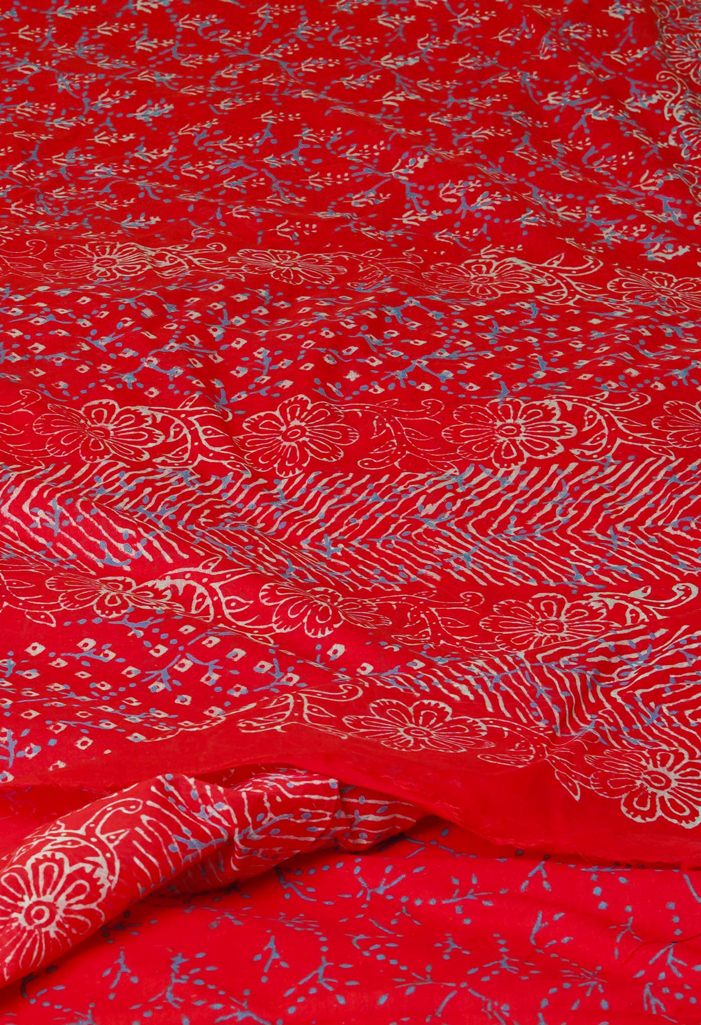 Red Pure Napthol Hand Block Pinted Superfine Mulmul Cotton Saree