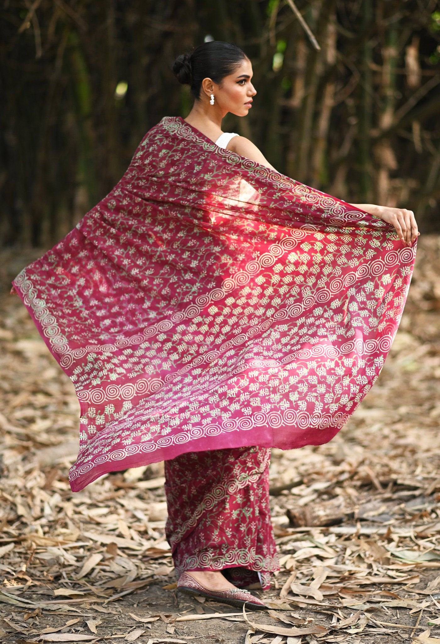 Maroon Pure Napthol Hand Block Pinted Superfine Mulmul Cotton Saree-UNM76890