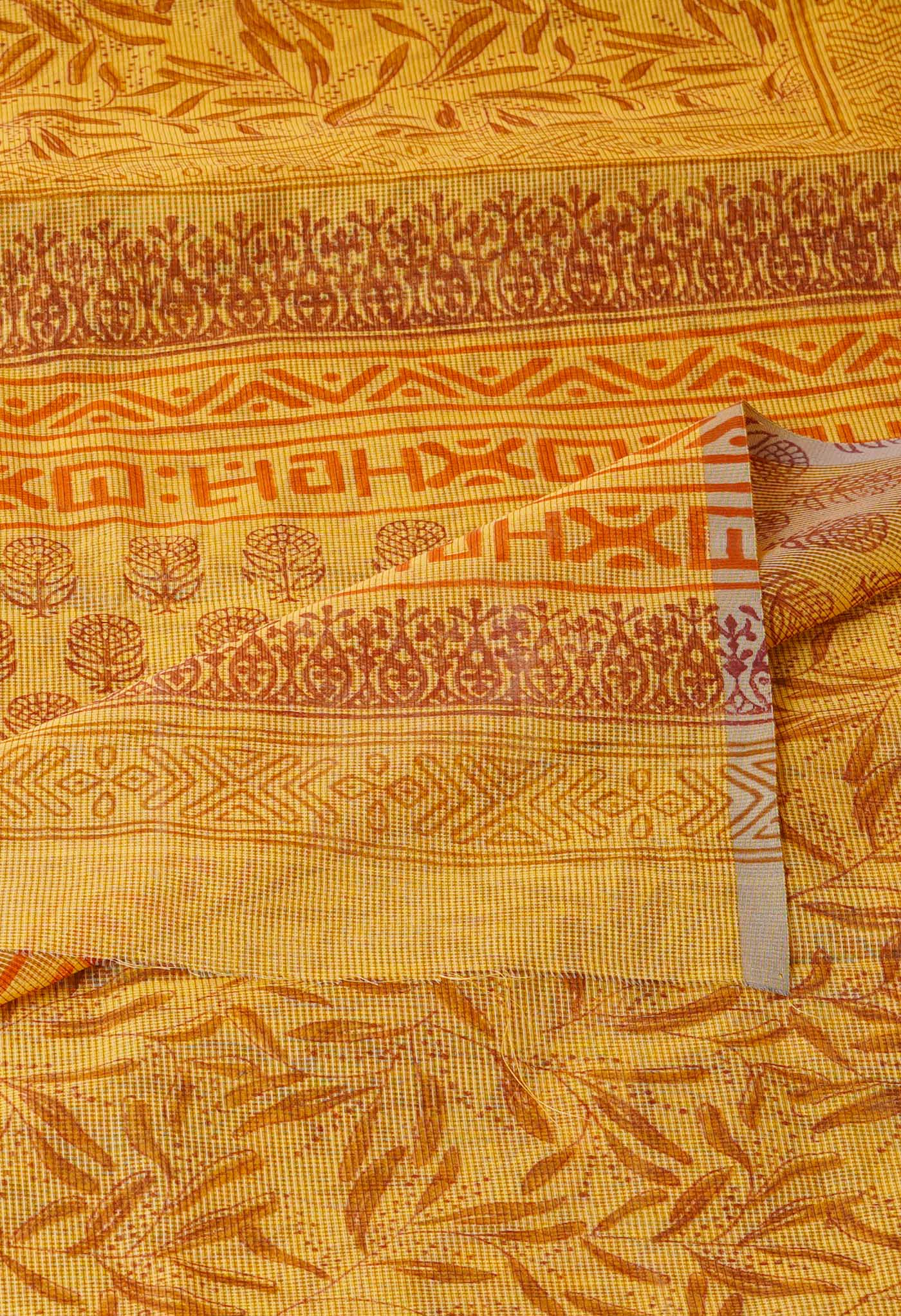 Yellow  Block Printed Supernet Saree