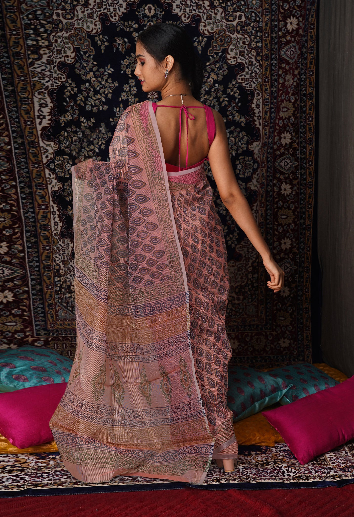 Peach Pink  Block Printed Supernet Saree-UNM76905