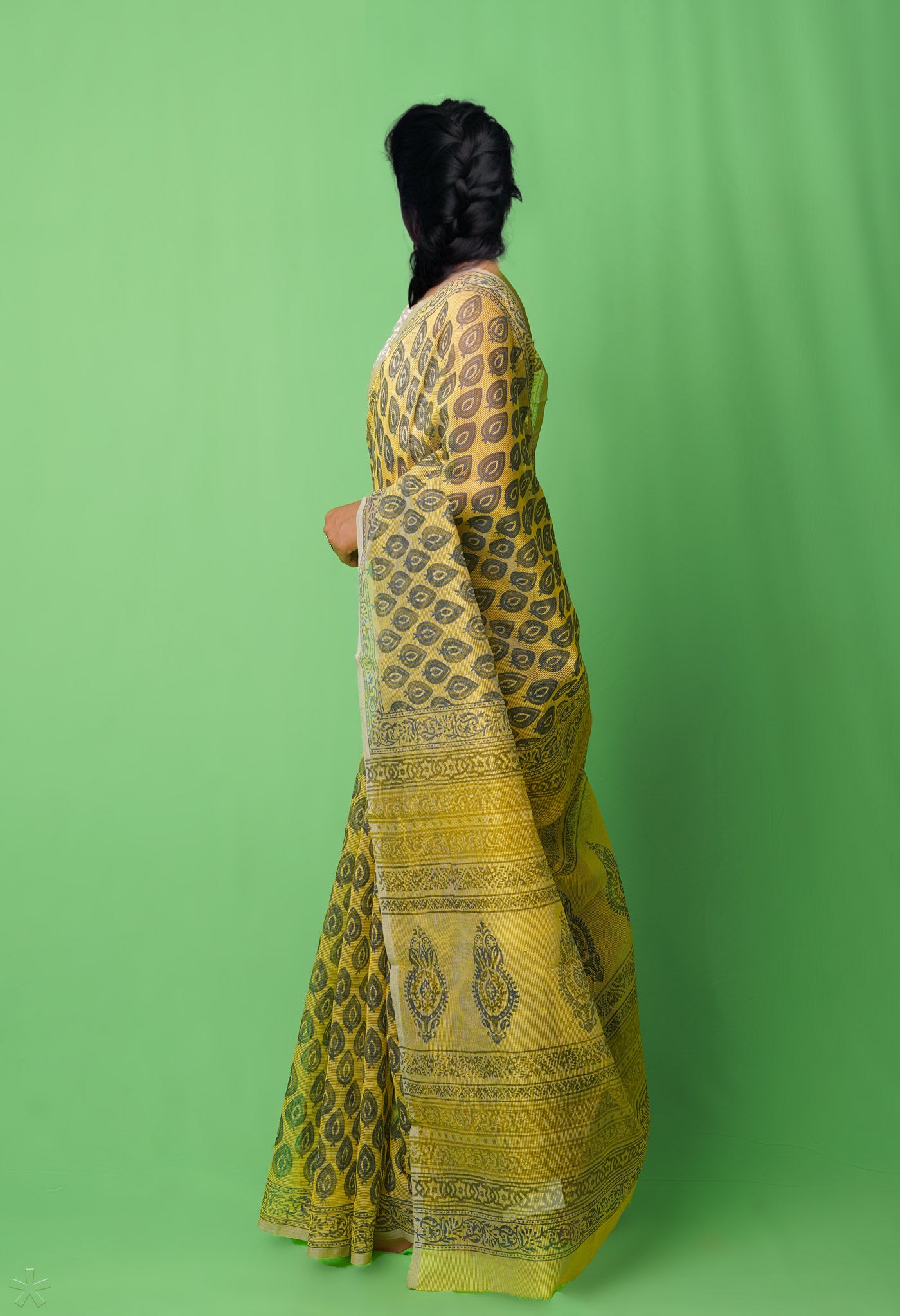 Yellow  Block Printed Supernet Saree