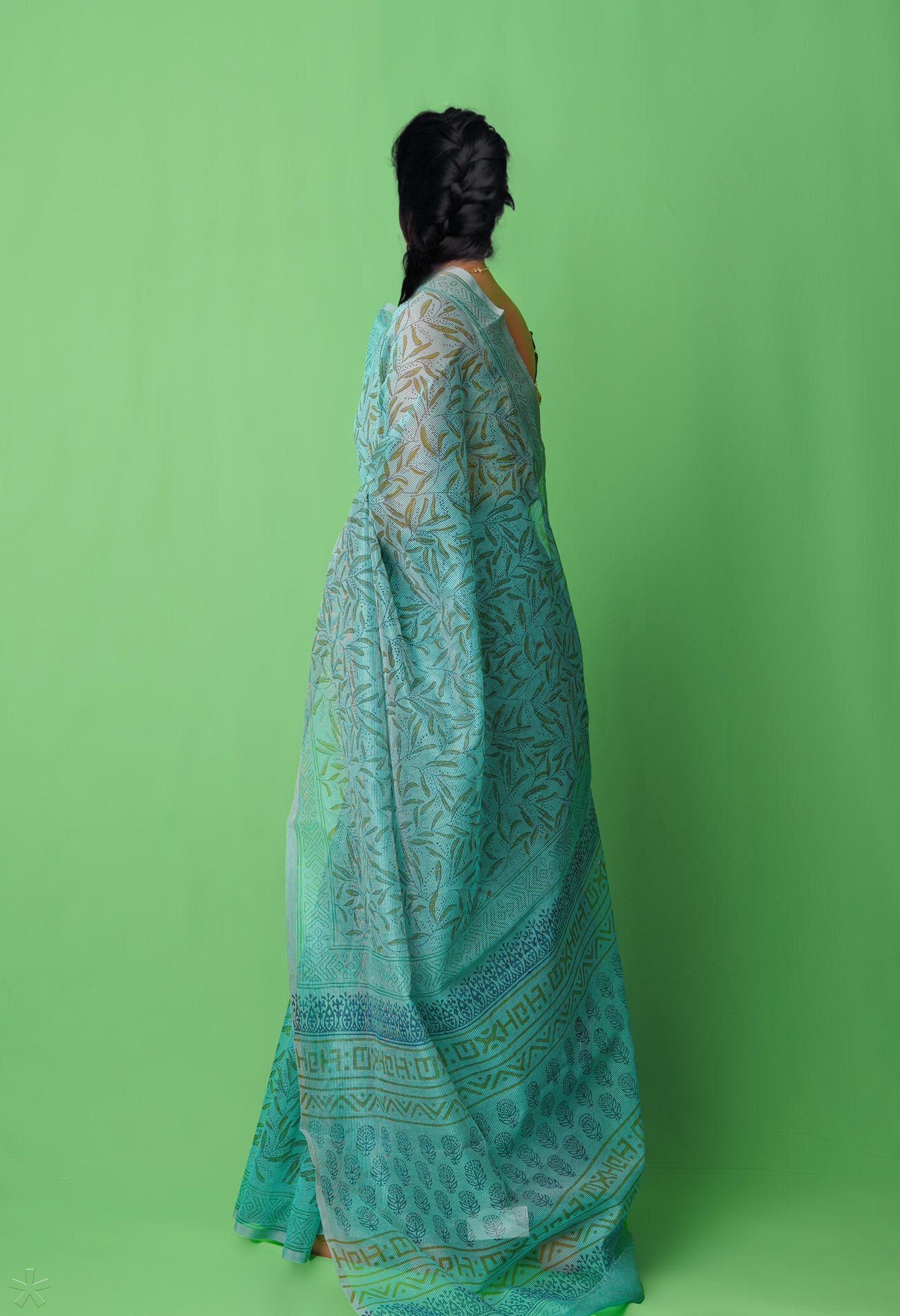 Green  Block Printed Supernet Saree