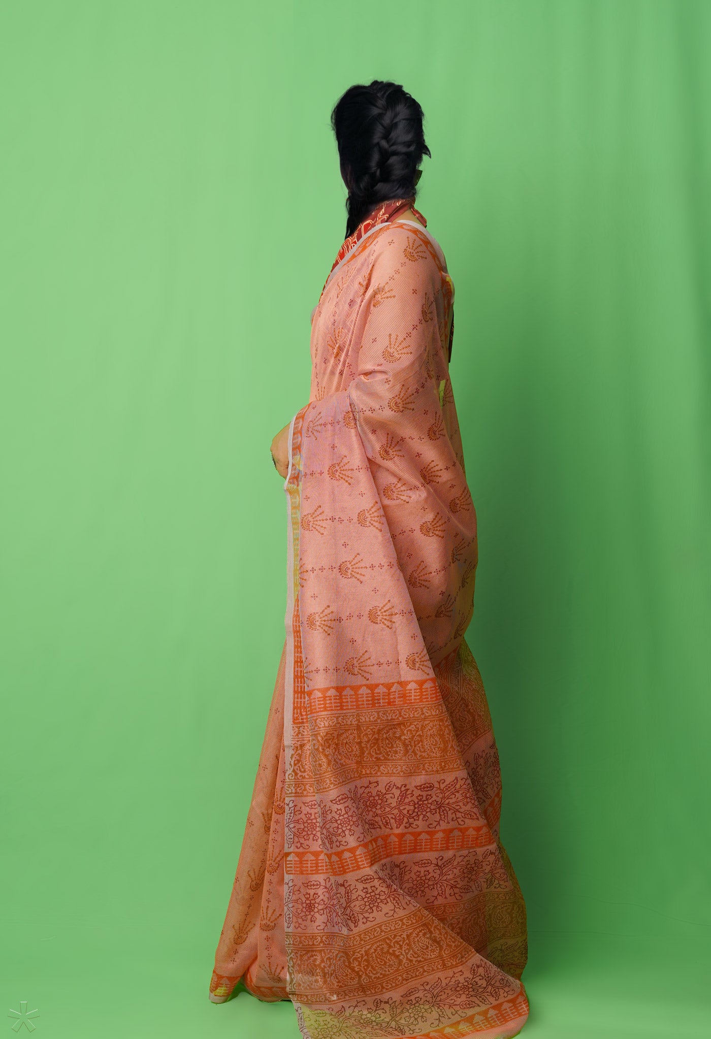 Peach Pink  Block Printed Supernet Saree