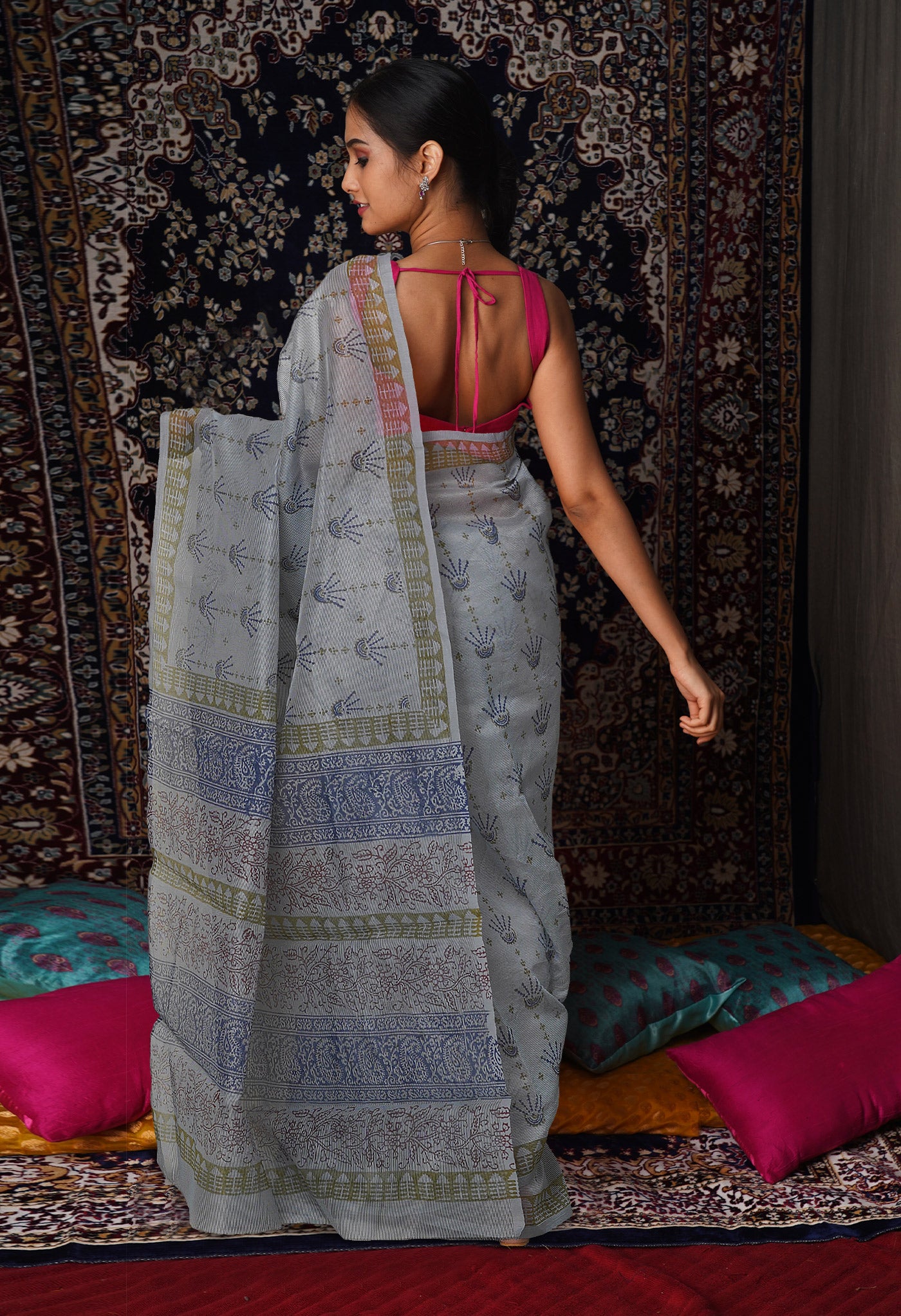 Grey  Block Printed Supernet Saree-UNM76914