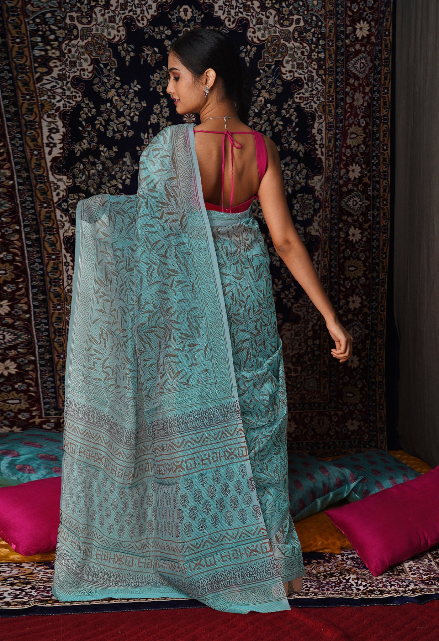 Green  Block Printed Supernet Saree-UNM76917