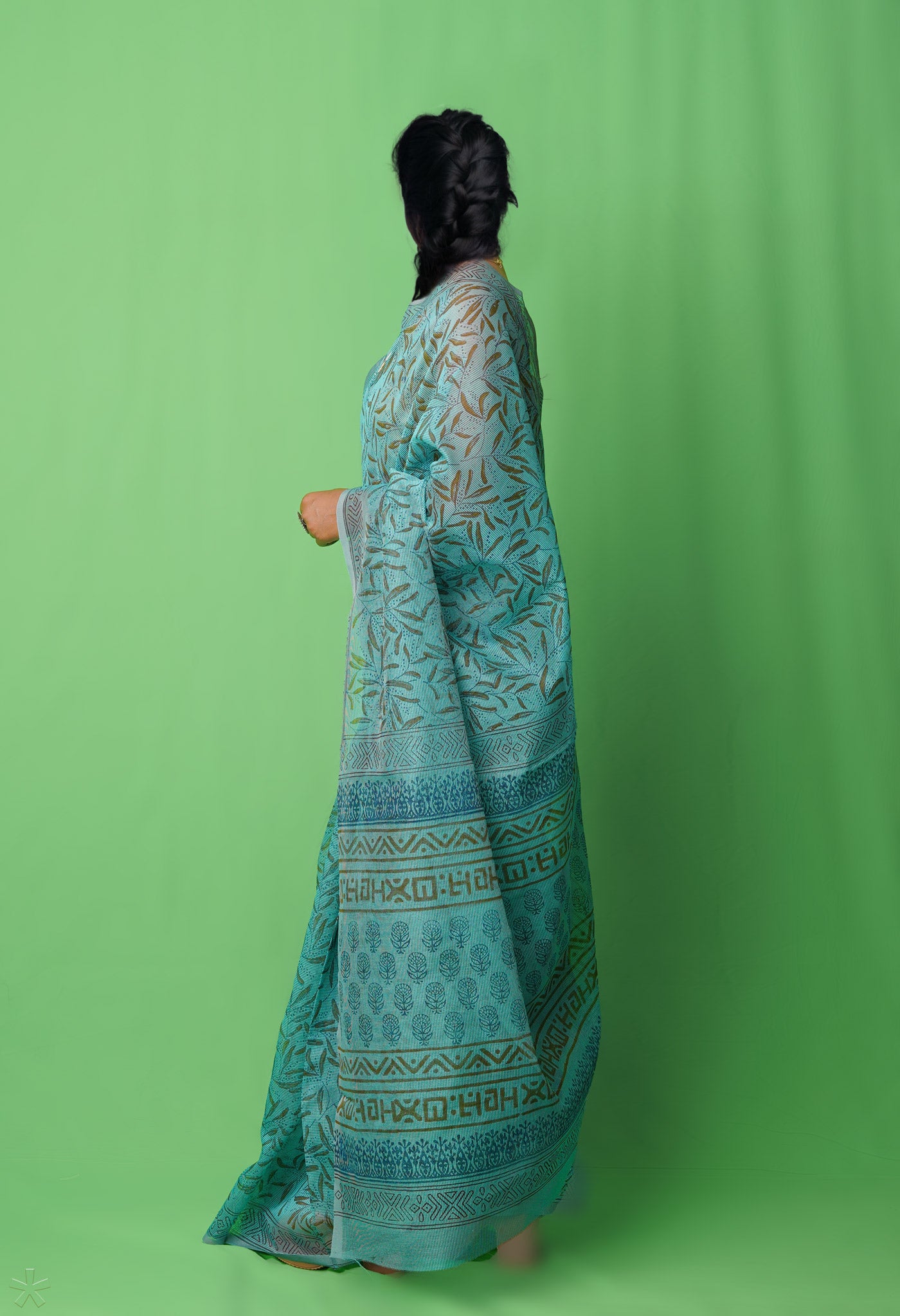 Green  Block Printed Supernet Saree-UNM76919