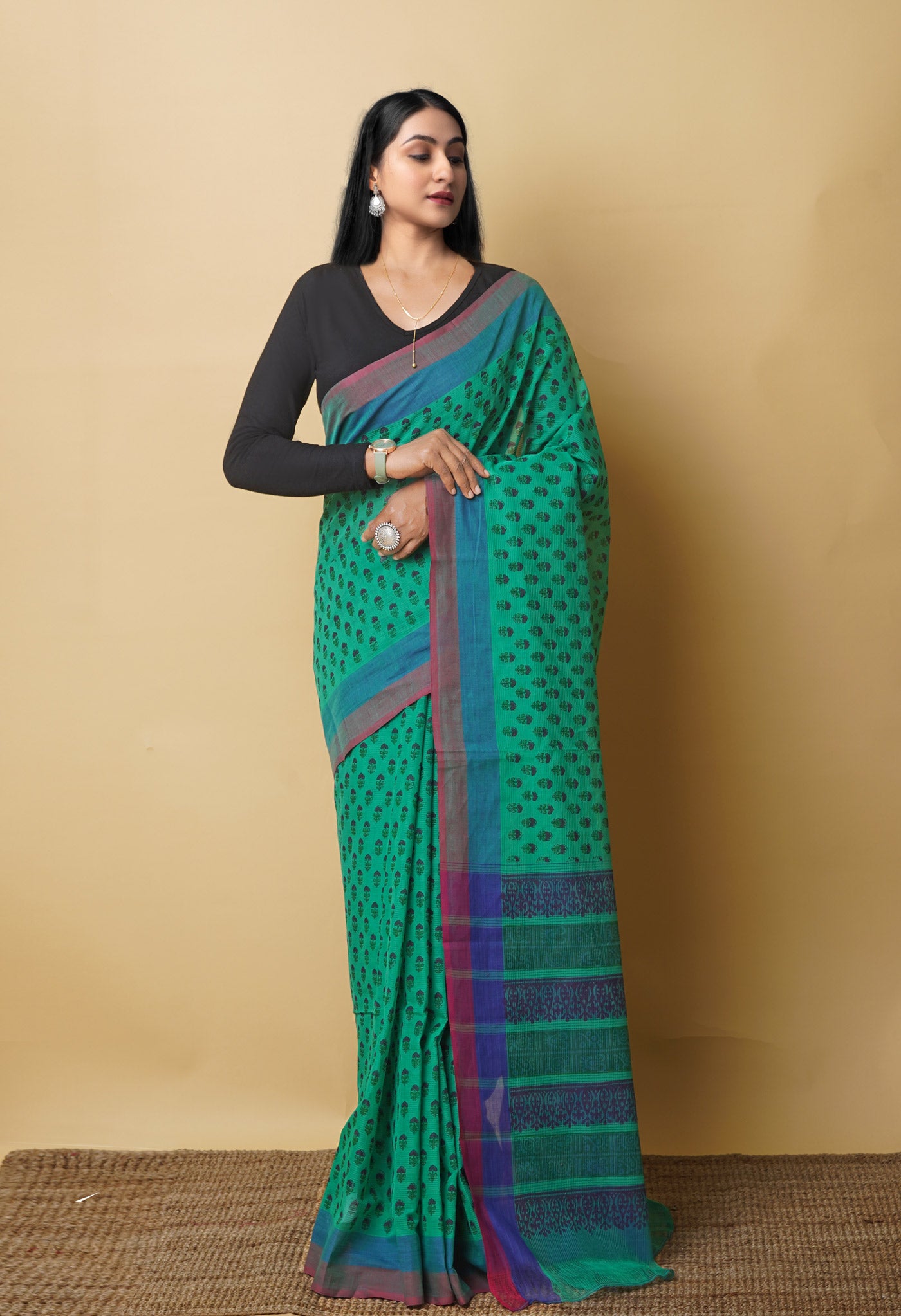 Green Pure Block Printed Mangalgiri Cotton Saree