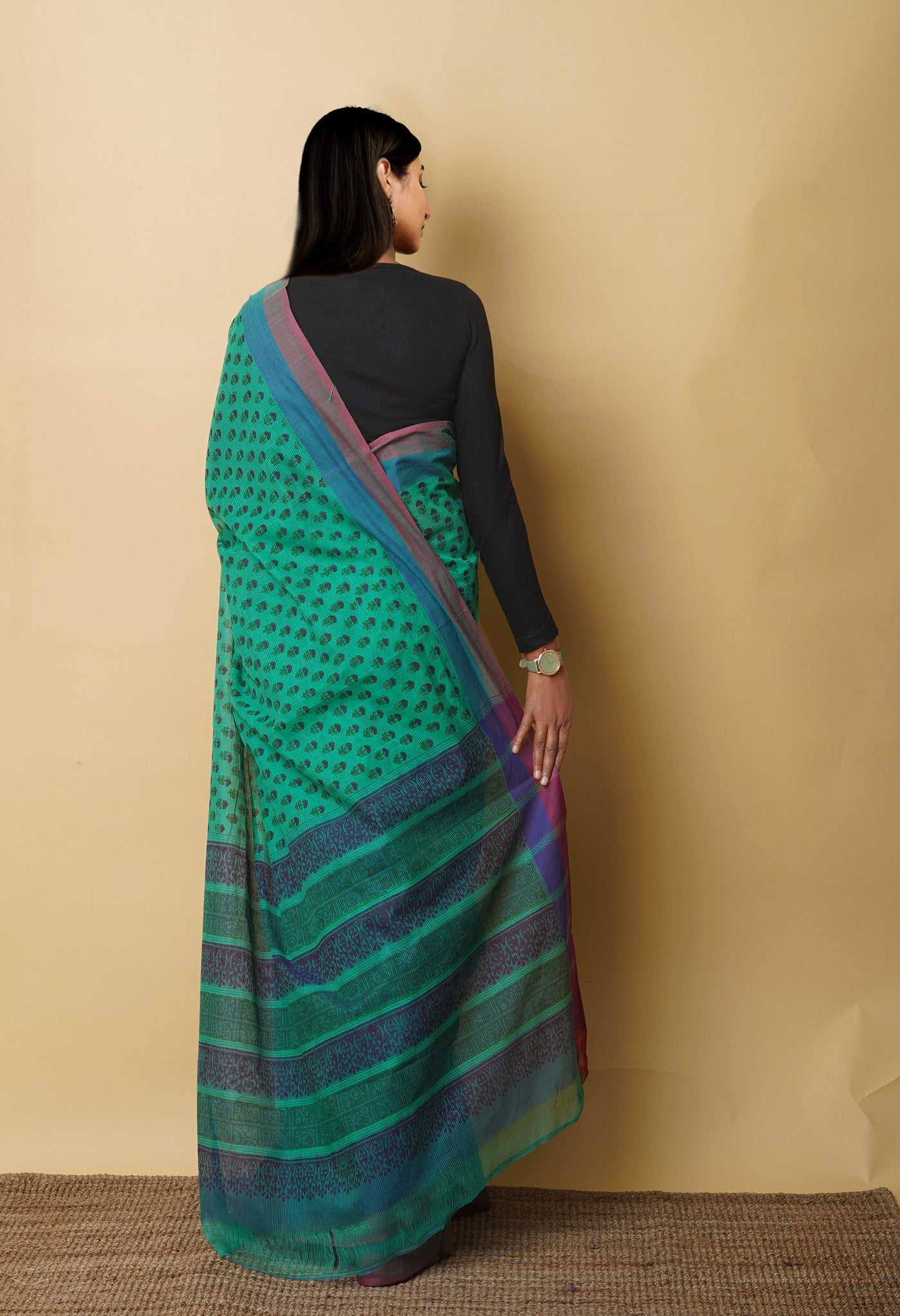 Green Pure Block Printed Mangalgiri Cotton Saree