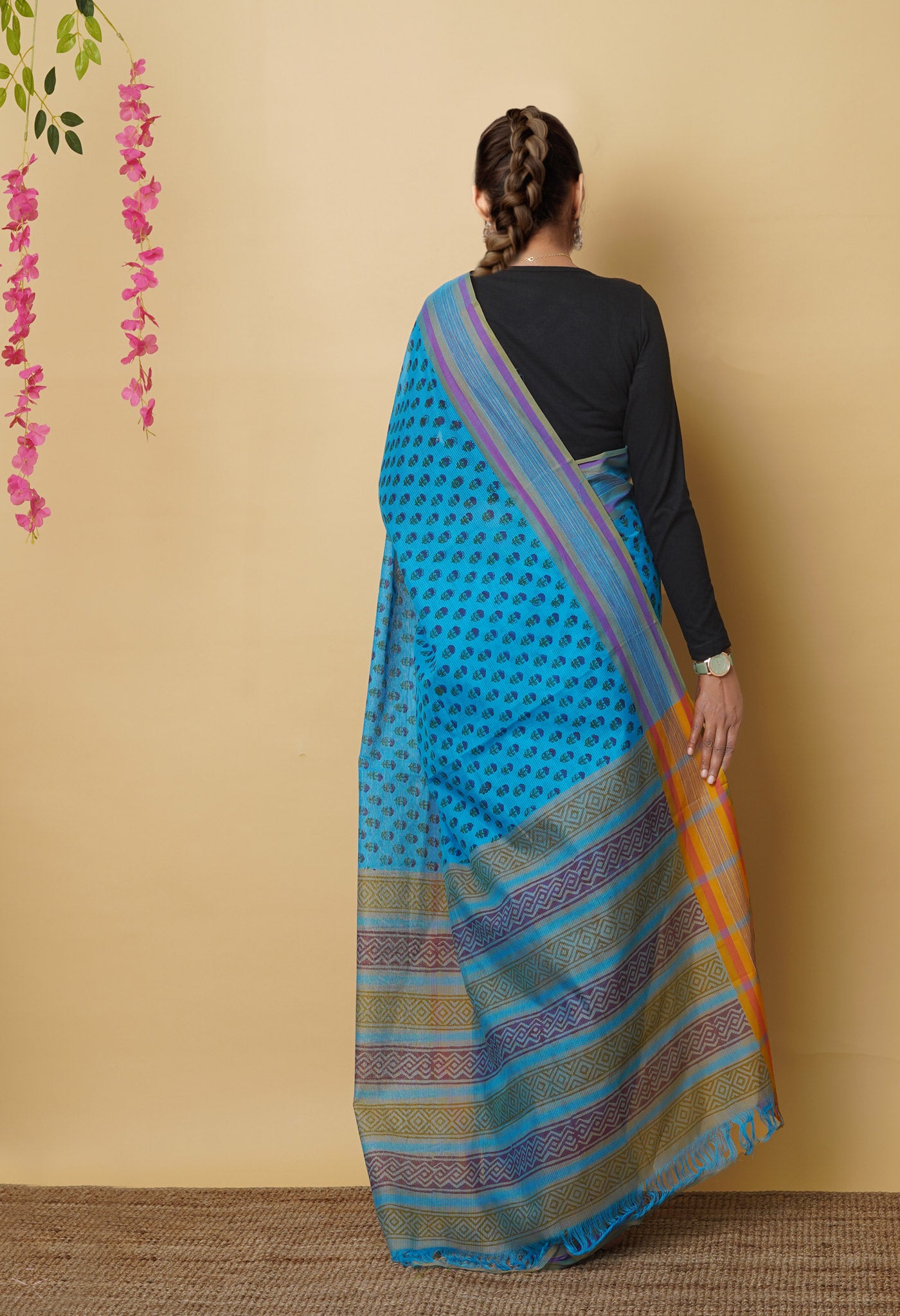 Blue Pure Block Printed Mangalgiri Cotton Saree