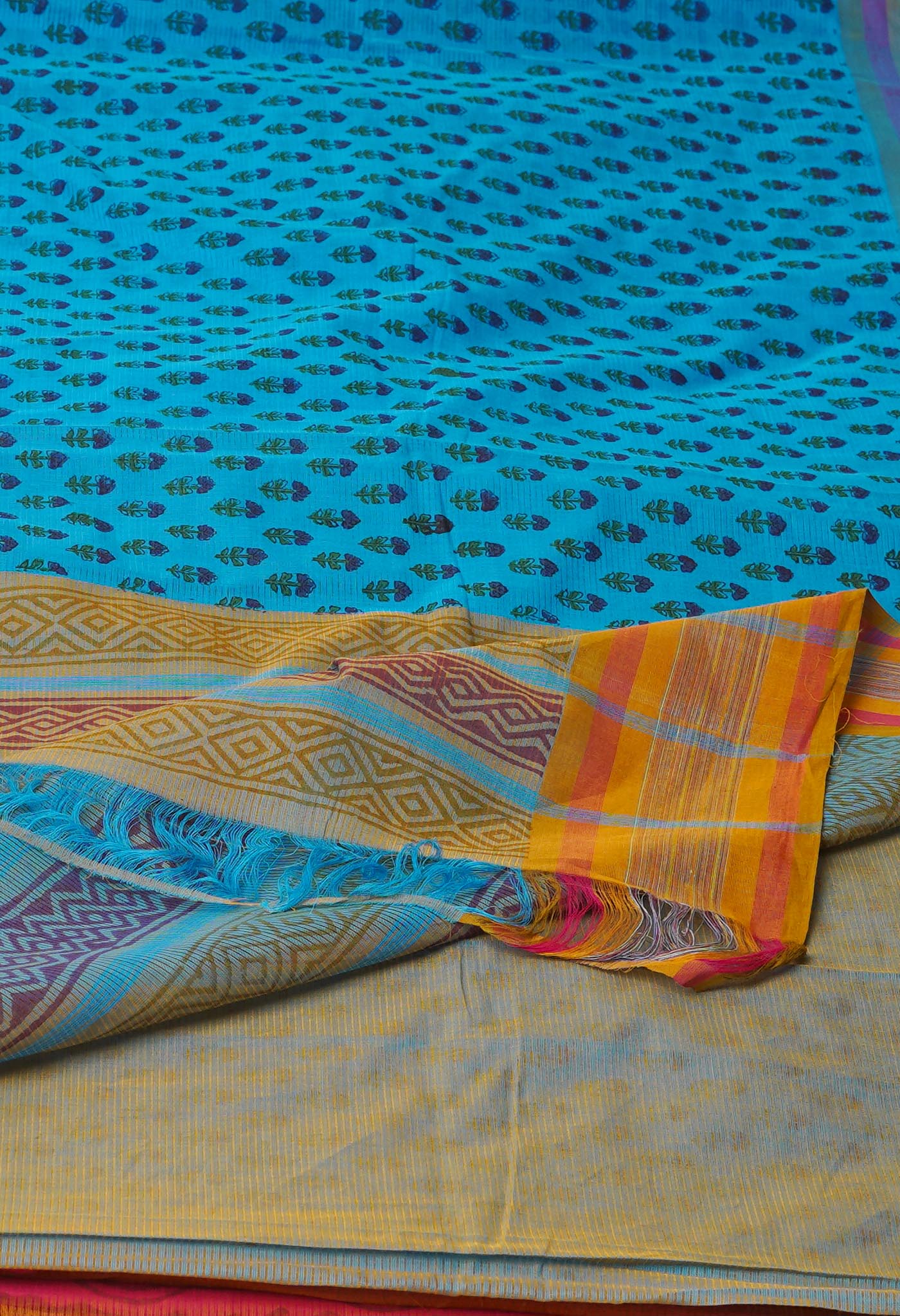 Blue Pure Block Printed Mangalgiri Cotton Saree