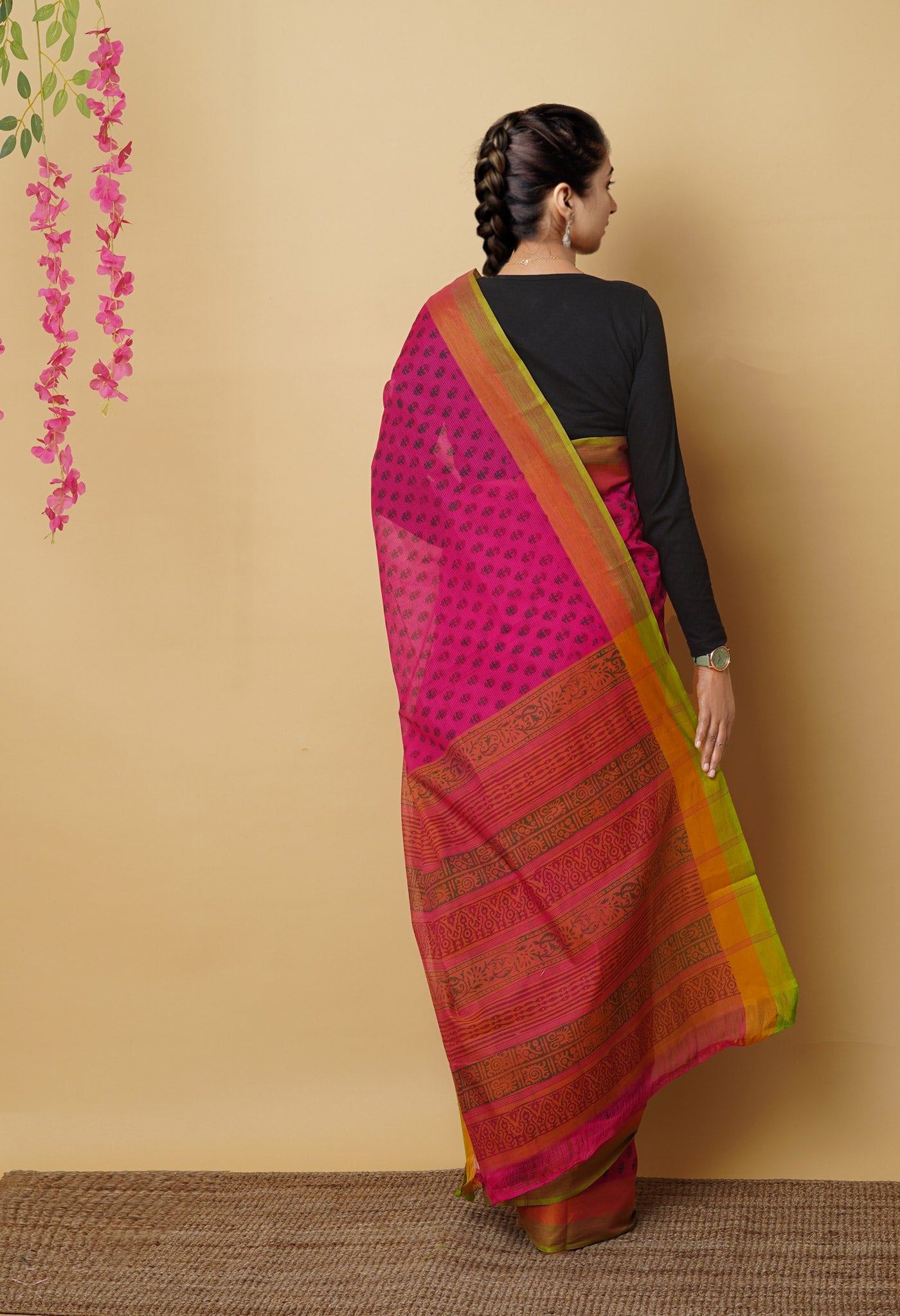 Pink Pure Block Printed Mangalgiri Cotton Saree