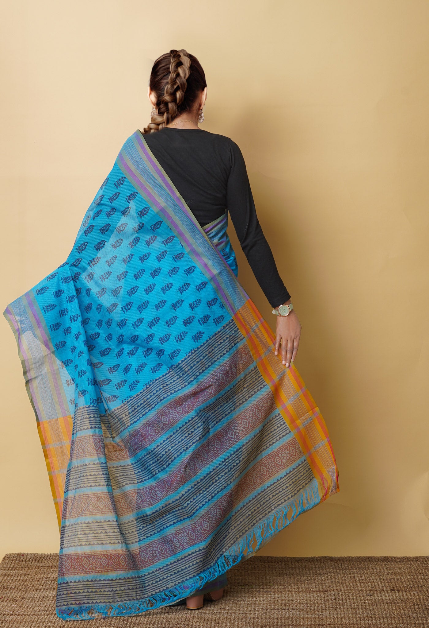 Blue Pure Block Printed Mangalgiri Cotton Saree