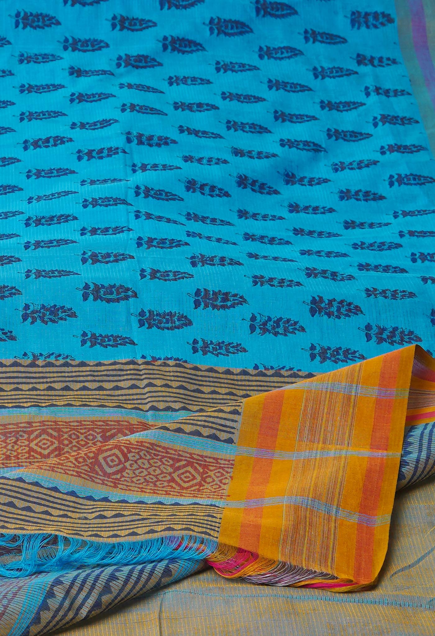 Blue Pure Block Printed Mangalgiri Cotton Saree