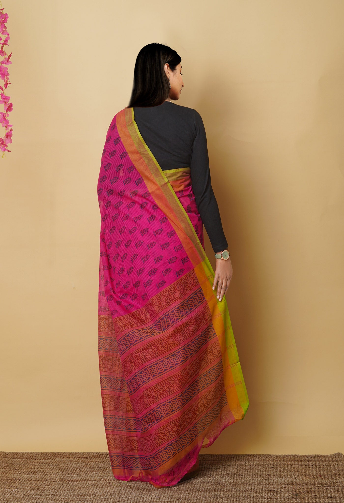 Pink Pure Block Printed Mangalgiri Cotton Saree