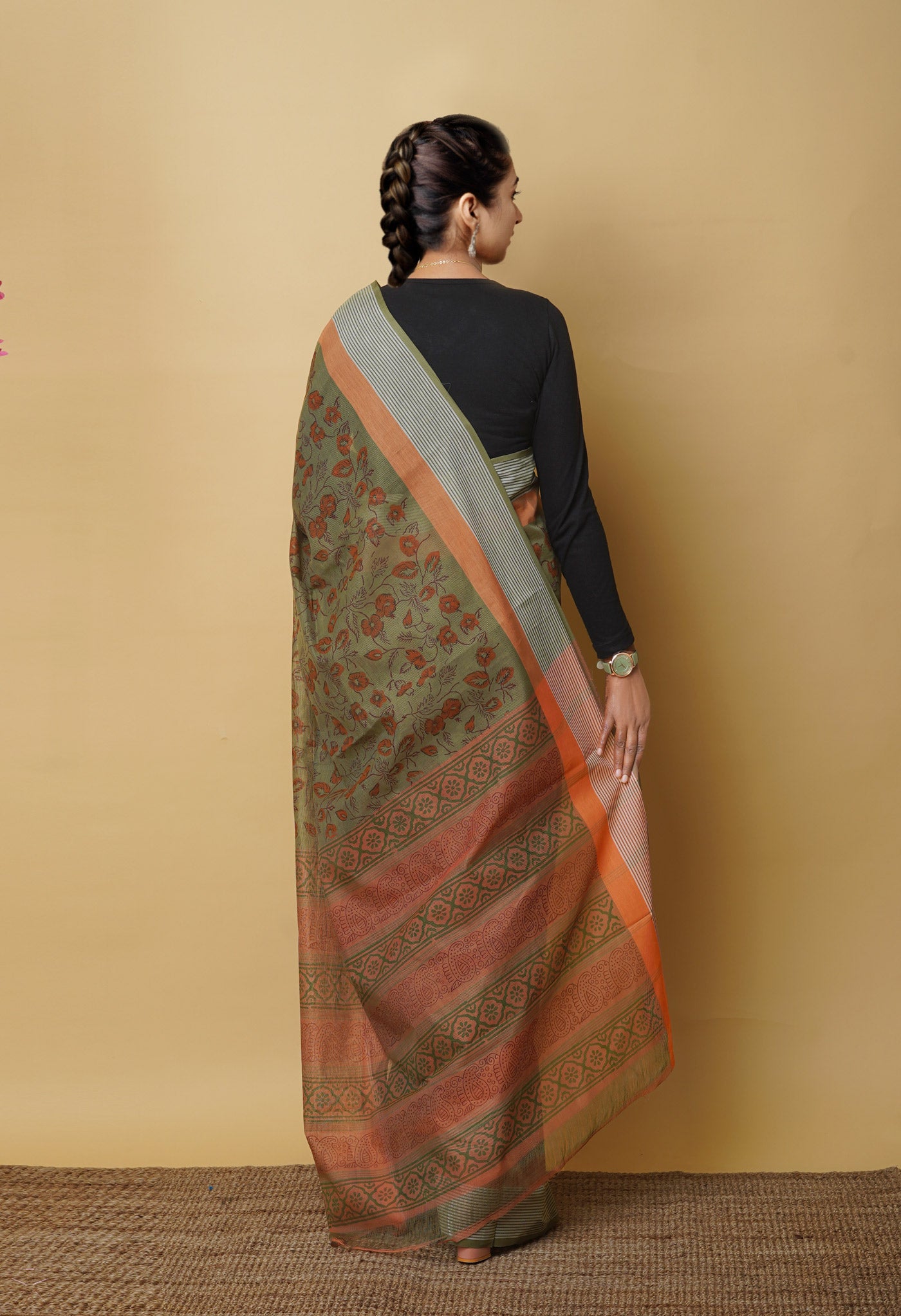 Green Pure Block Printed Mangalgiri Cotton Saree