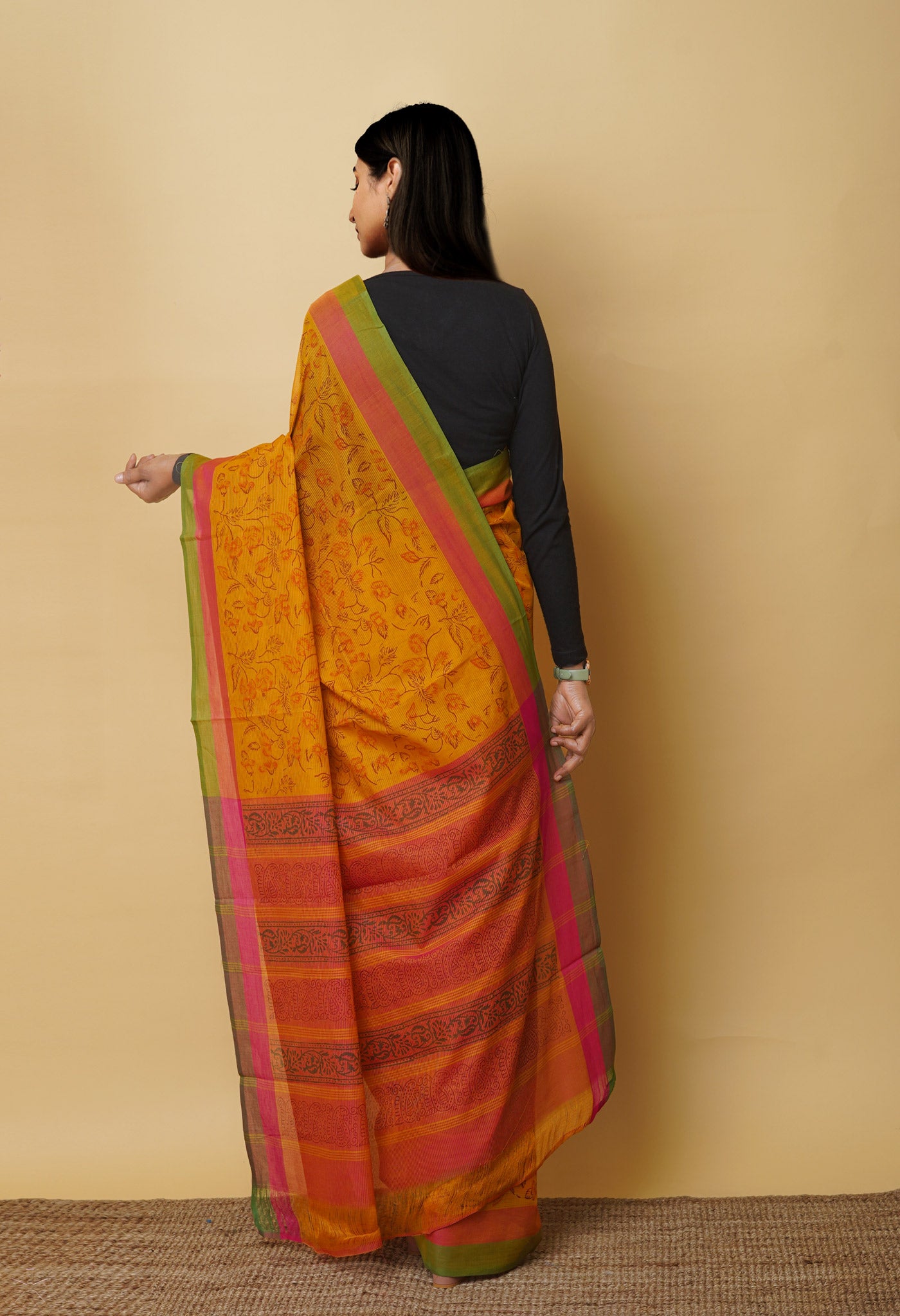 Yellow Pure Block Printed Mangalgiri Cotton Saree