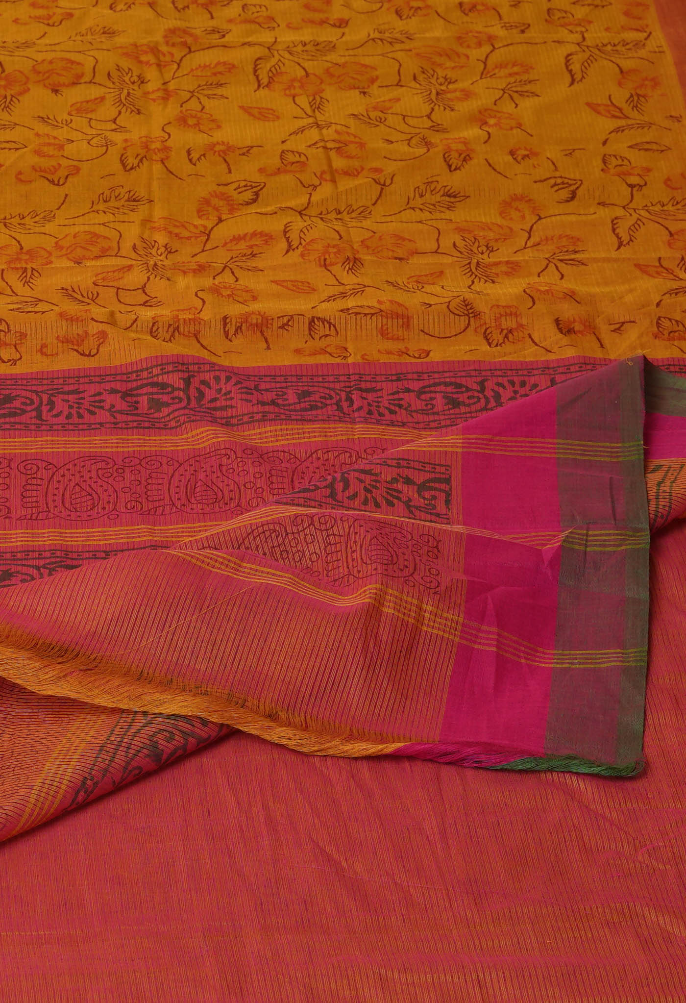 Yellow Pure Block Printed Mangalgiri Cotton Saree